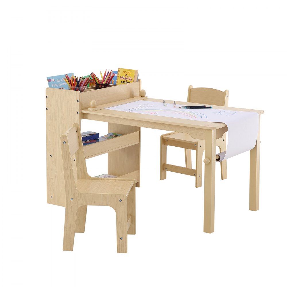 VEVOR Kids Art Table and 2 Chairs, 2-in-1 Toddler Craft and Play Activity Table, Wood Toddler Table and Chair Set with A Cabinet for Art, Craft, Reading, Learning 