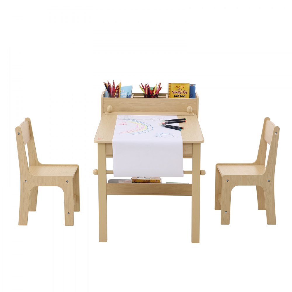 VEVOR Kids Art Table and 2 Chairs, 2-in-1 Toddler Craft and Play Activity Table, Wood Toddler Table and Chair Set with A Cabinet for Art, Craft, Reading, Learning 