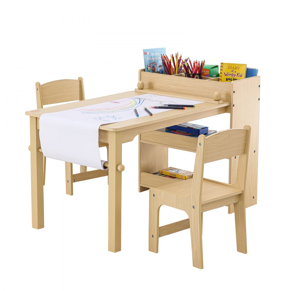 VEVOR Kids Art Table and 2 Chairs, 2-in-1 Toddler Craft and Play Activity Table, Wood Toddler Table and Chair Set with A Cabinet for Art, Craft, Reading, Learning 