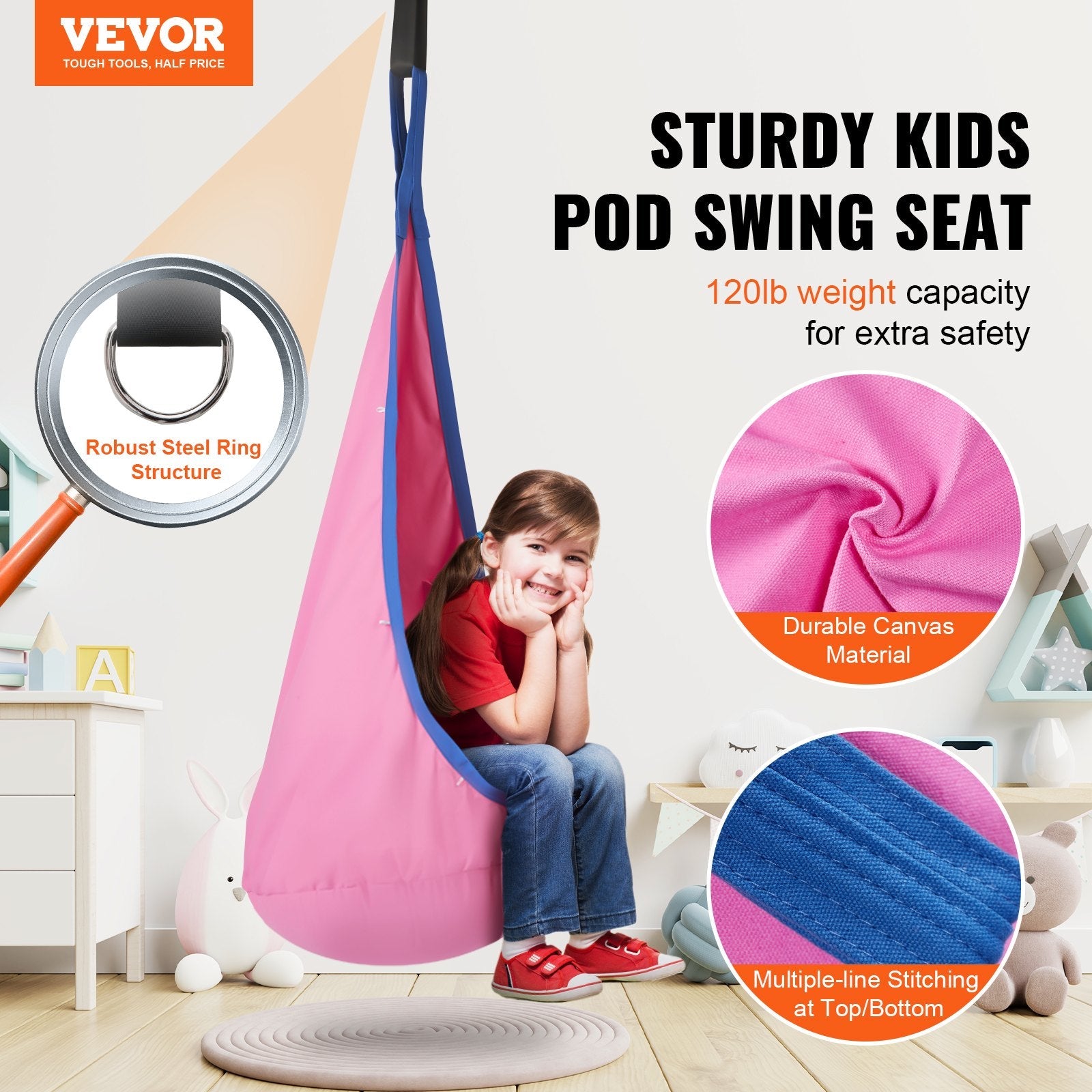 VEVOR Kids Pod Swing Seat, Hanging Hammock Chair with LED Lights Strings, Inflatable Cushion, Sensory Pod Swing Chair for Kids Indoor and Outdoor Hanging Chair, 100% Cotton Loading Capacity 120 lbs 
