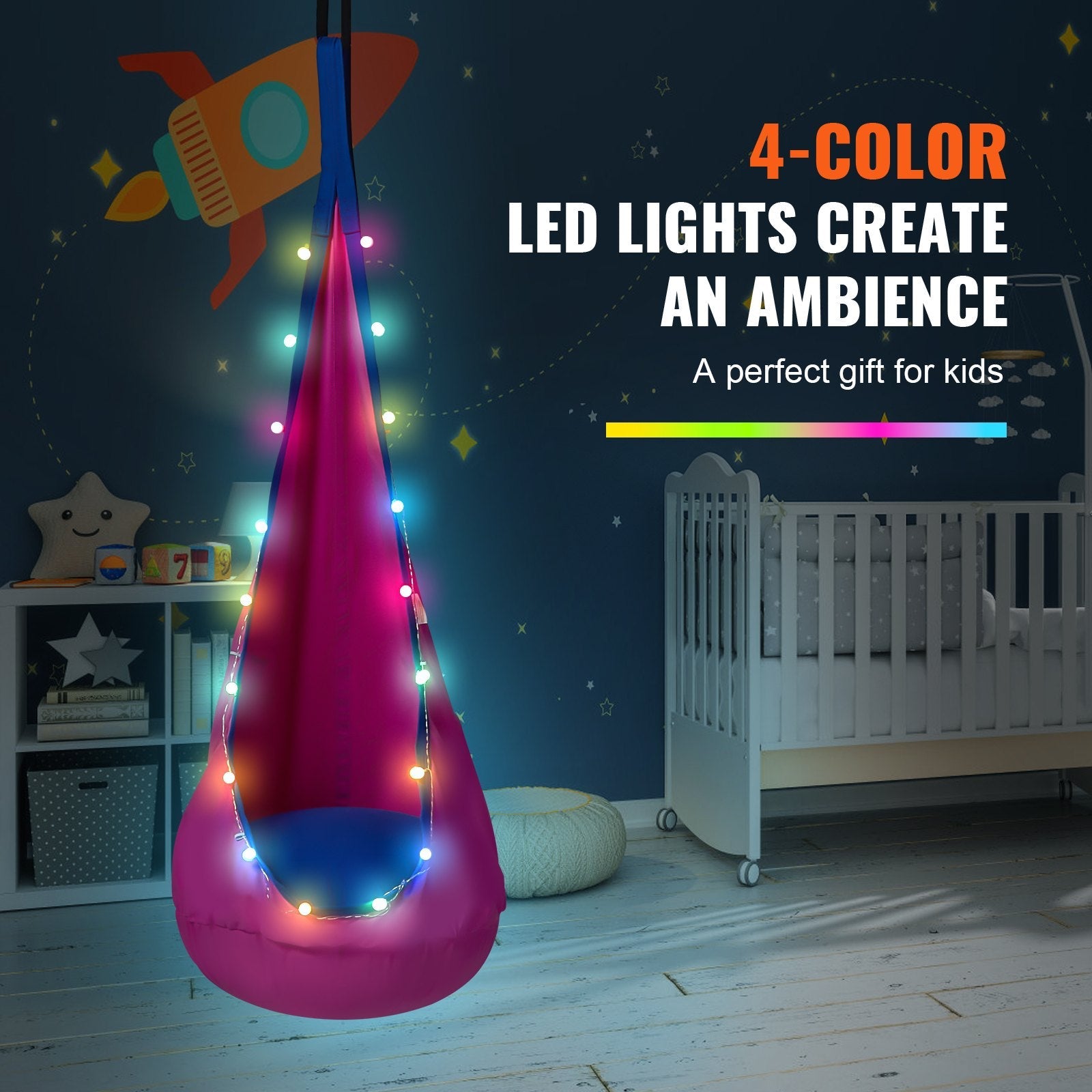 VEVOR Kids Pod Swing Seat, Hanging Hammock Chair with LED Lights Strings, Inflatable Cushion, Sensory Pod Swing Chair for Kids Indoor and Outdoor Hanging Chair, 100% Cotton Loading Capacity 120 lbs 