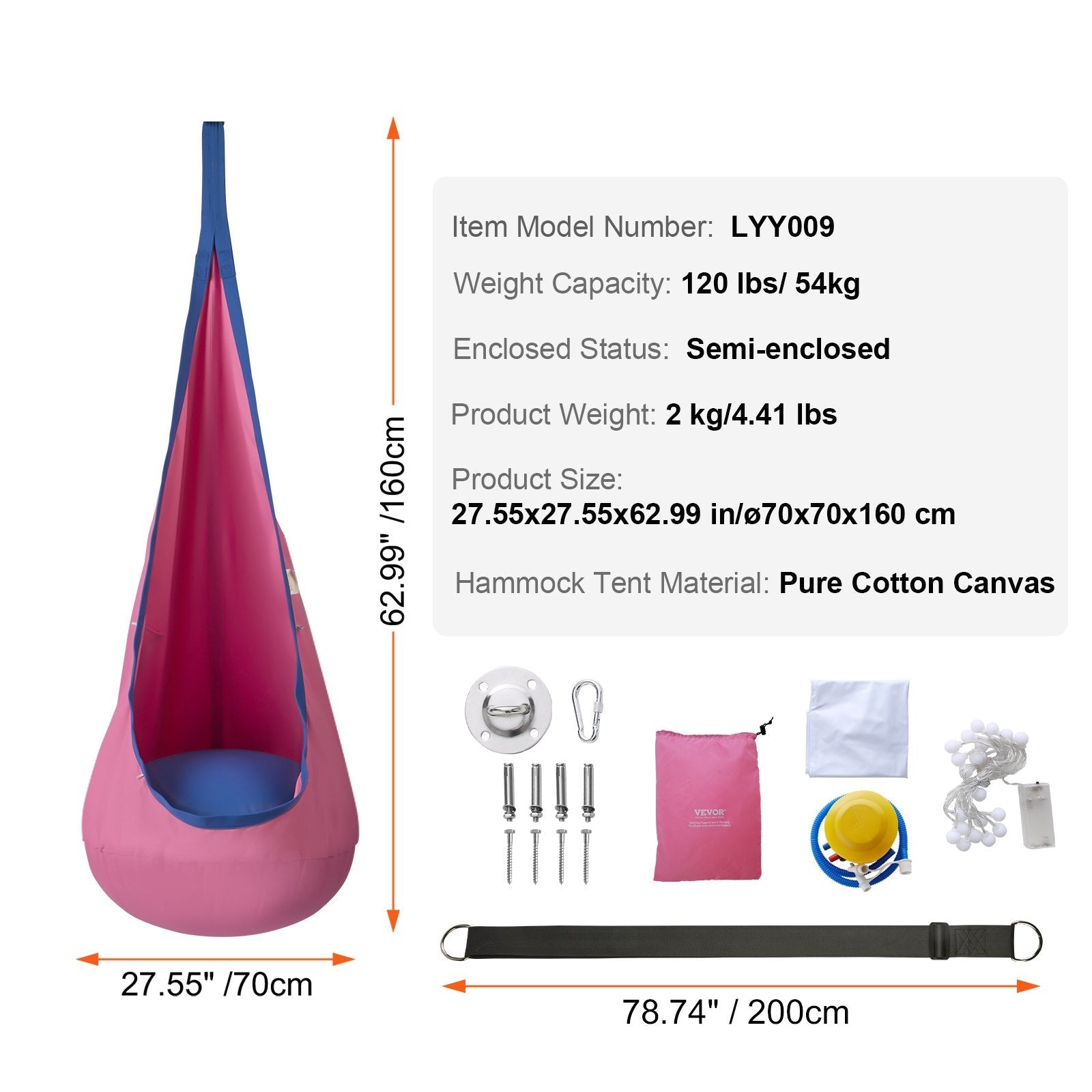 VEVOR Kids Pod Swing Seat, Hanging Hammock Chair with LED Lights Strings, Inflatable Cushion, Sensory Pod Swing Chair for Kids Indoor and Outdoor Hanging Chair, 100% Cotton Loading Capacity 120 lbs 