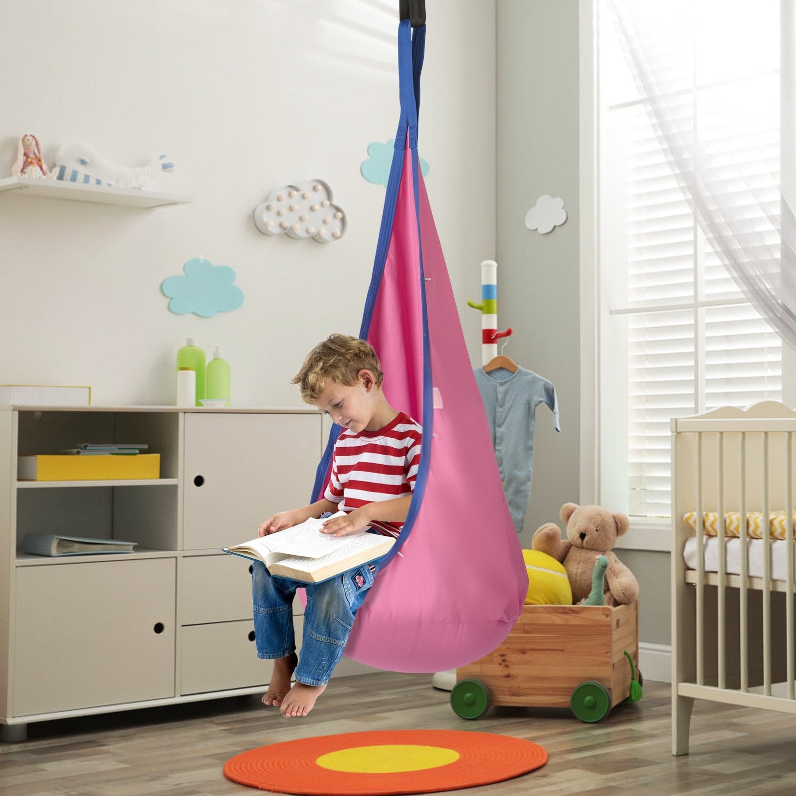 VEVOR Kids Pod Swing Seat, Hanging Hammock Chair with LED Lights Strings, Inflatable Cushion, Sensory Pod Swing Chair for Kids Indoor and Outdoor Hanging Chair, 100% Cotton Loading Capacity 120 lbs 