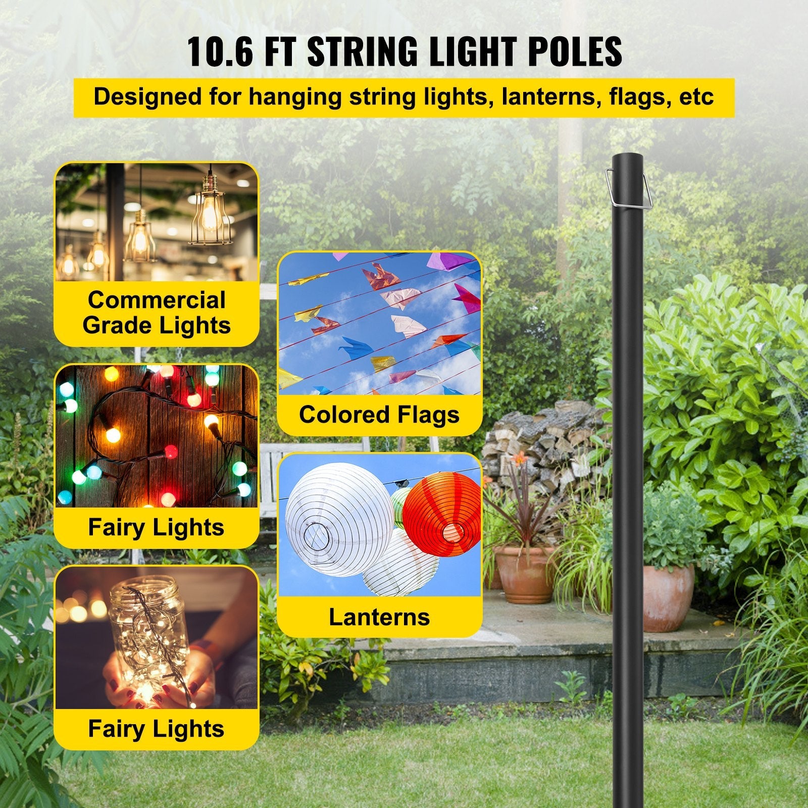 VEVOR String Light Poles, 4 Pack 10.6 FT, Outdoor Powder Coated Steel Lamp Post with Hooks to Hang Lantern and Flags, Decorate Garden, Backyard, Patio, Deck, for Party and Wedding, Black 