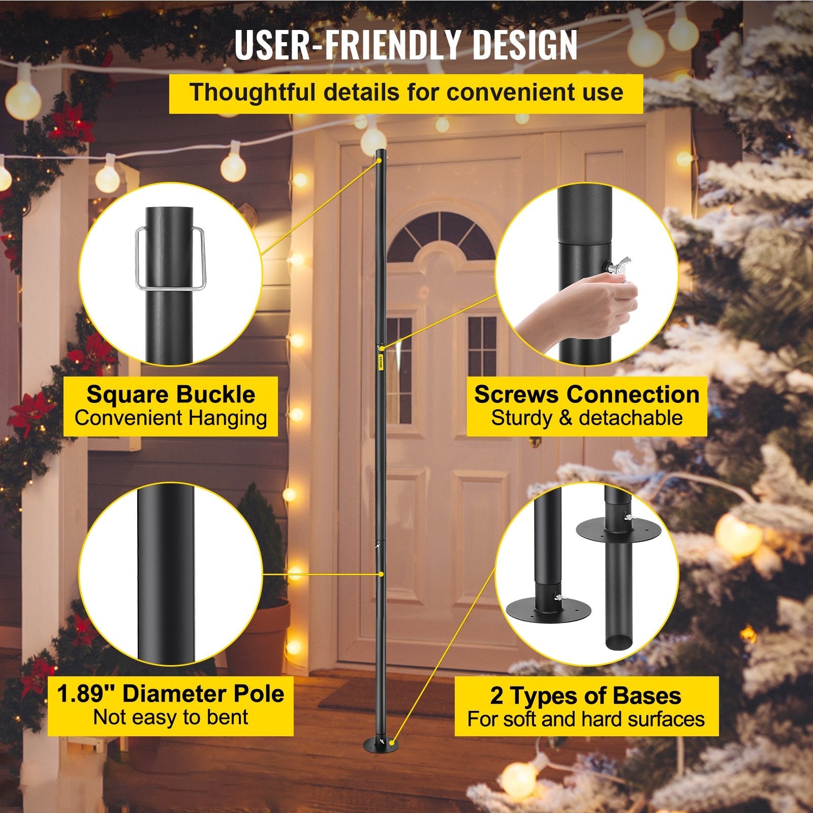 VEVOR String Light Poles, 4 Pack 10.6 FT, Outdoor Powder Coated Steel Lamp Post with Hooks to Hang Lantern and Flags, Decorate Garden, Backyard, Patio, Deck, for Party and Wedding, Black 