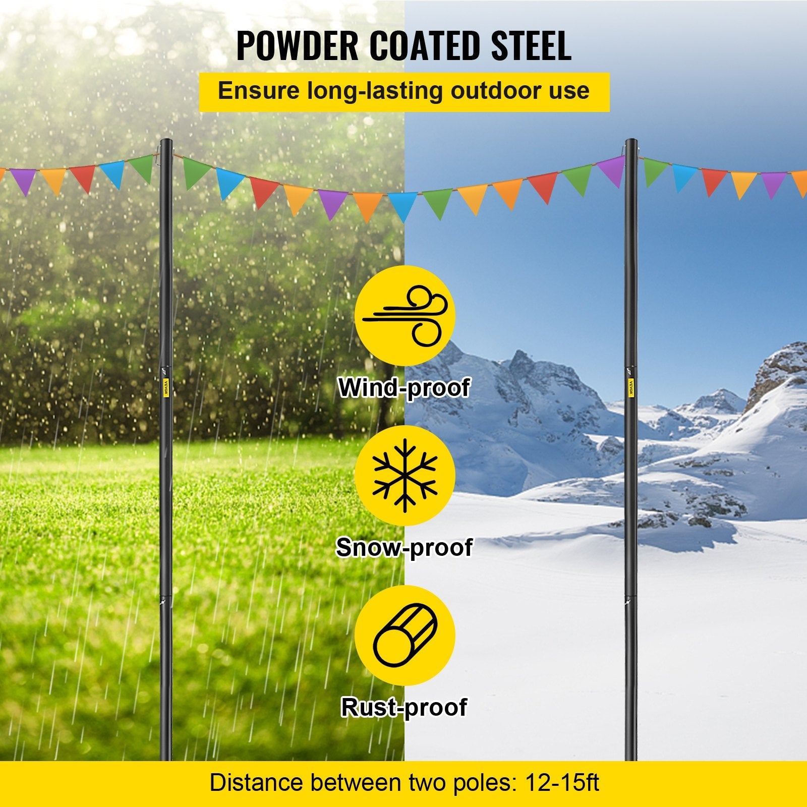 VEVOR String Light Poles, 4 Pack 10.6 FT, Outdoor Powder Coated Steel Lamp Post with Hooks to Hang Lantern and Flags, Decorate Garden, Backyard, Patio, Deck, for Party and Wedding, Black 