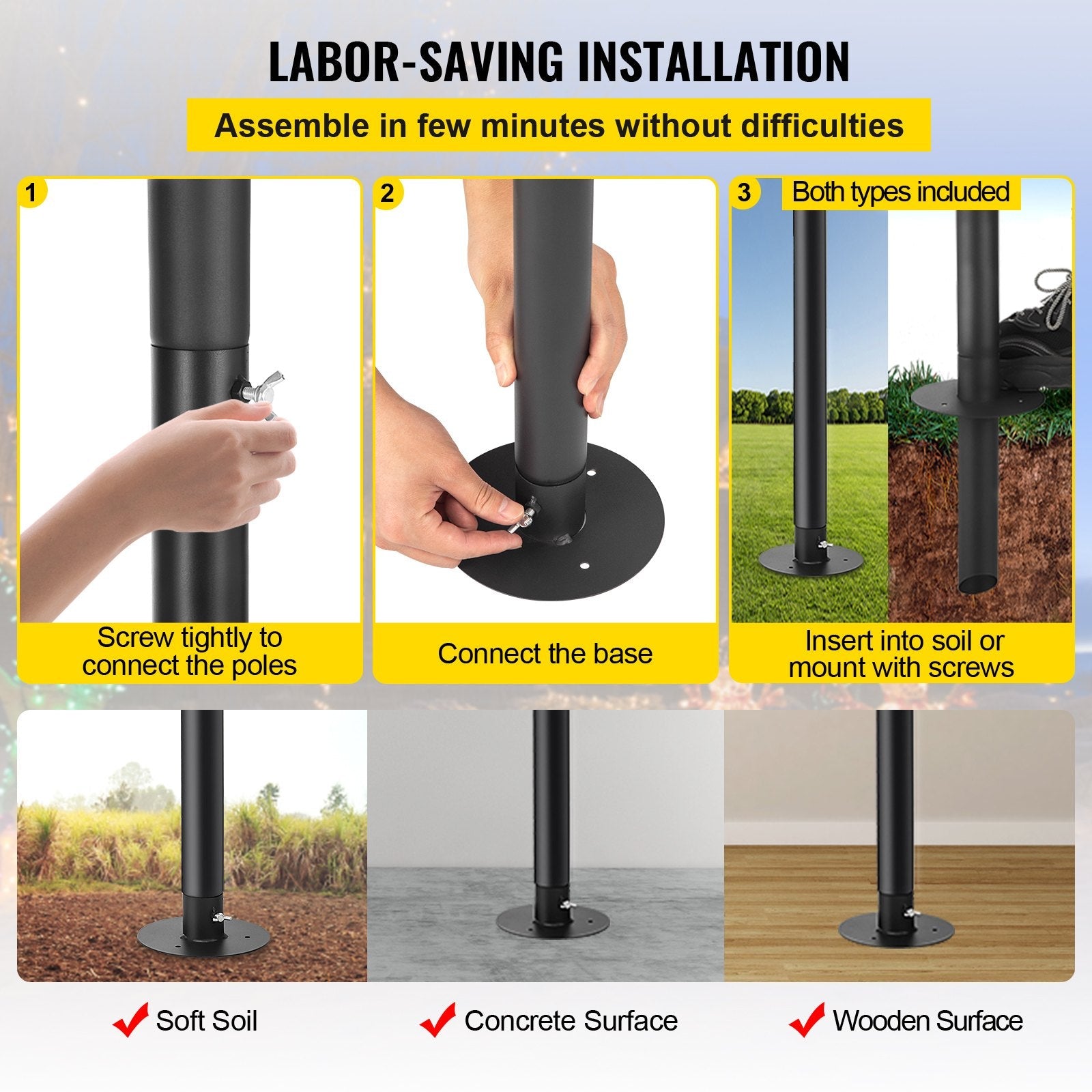 VEVOR String Light Poles, 4 Pack 10.6 FT, Outdoor Powder Coated Steel Lamp Post with Hooks to Hang Lantern and Flags, Decorate Garden, Backyard, Patio, Deck, for Party and Wedding, Black 