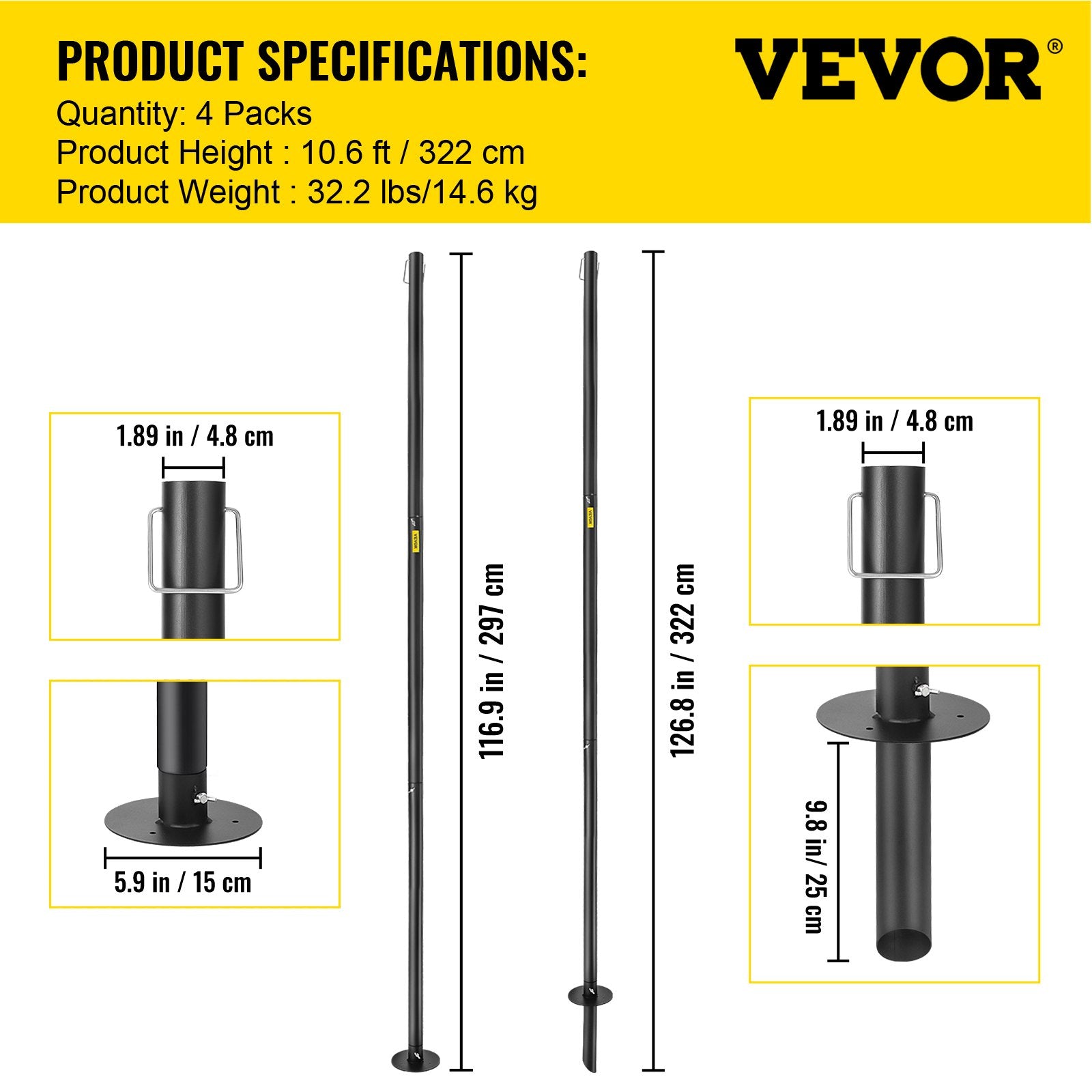 VEVOR String Light Poles, 4 Pack 10.6 FT, Outdoor Powder Coated Steel Lamp Post with Hooks to Hang Lantern and Flags, Decorate Garden, Backyard, Patio, Deck, for Party and Wedding, Black 