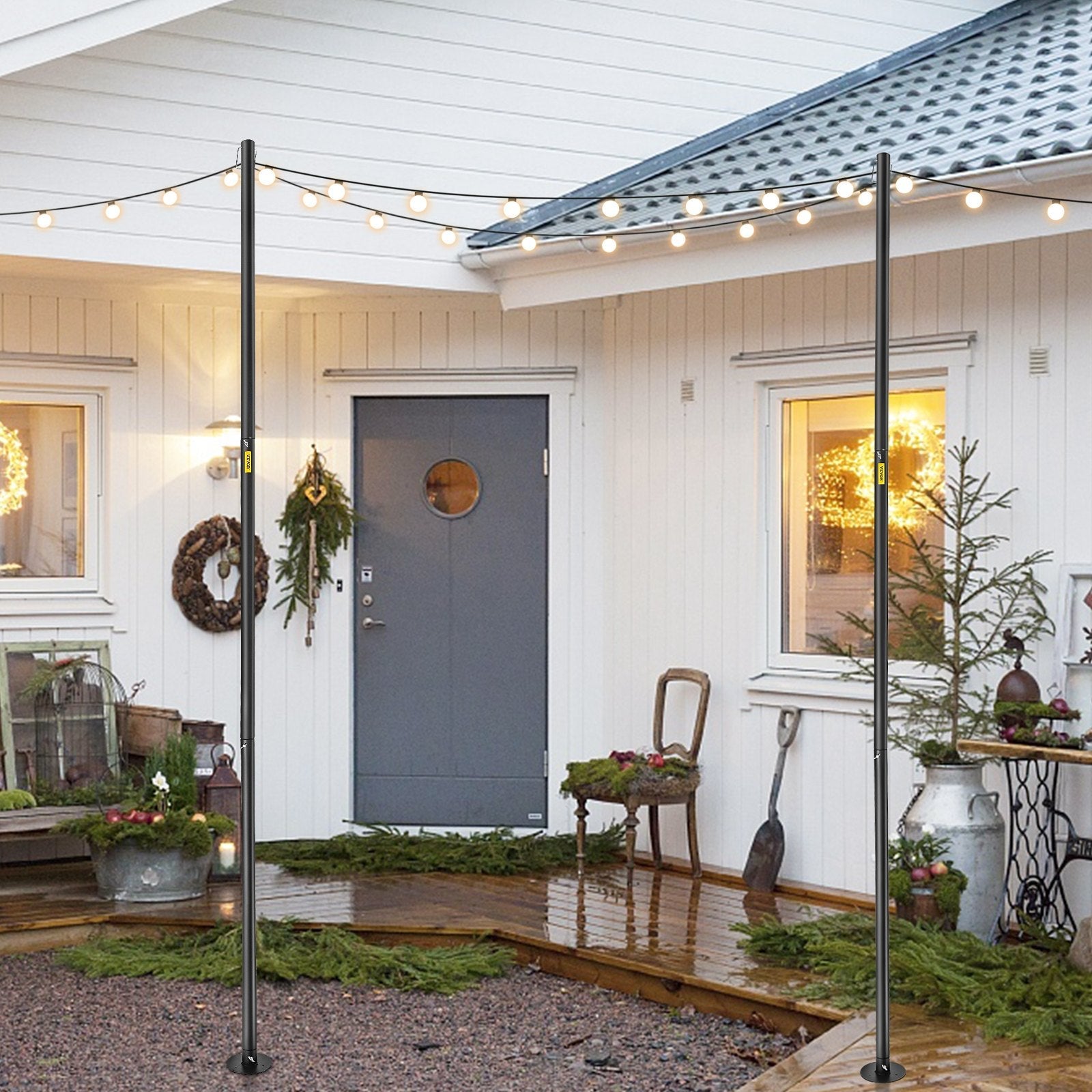 VEVOR String Light Poles, 4 Pack 10.6 FT, Outdoor Powder Coated Steel Lamp Post with Hooks to Hang Lantern and Flags, Decorate Garden, Backyard, Patio, Deck, for Party and Wedding, Black 