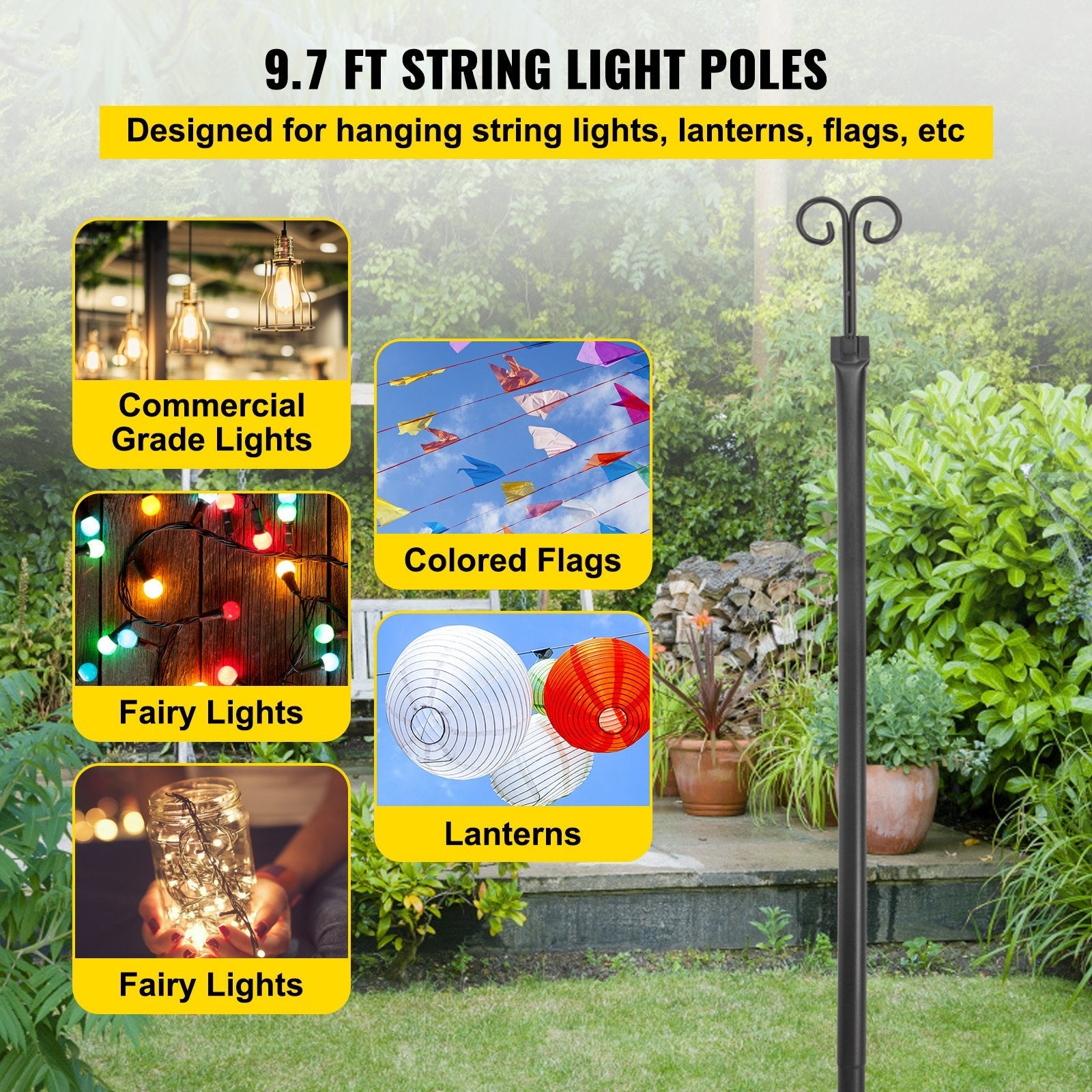 VEVOR String Light Poles, 2 Pack 9.7 FT, Outdoor Powder Coated Steel Lamp Post with Hooks to Hang Lantern and Flags, Decorate Garden, Backyard, Patio, Deck, for Party and Wedding, Black 