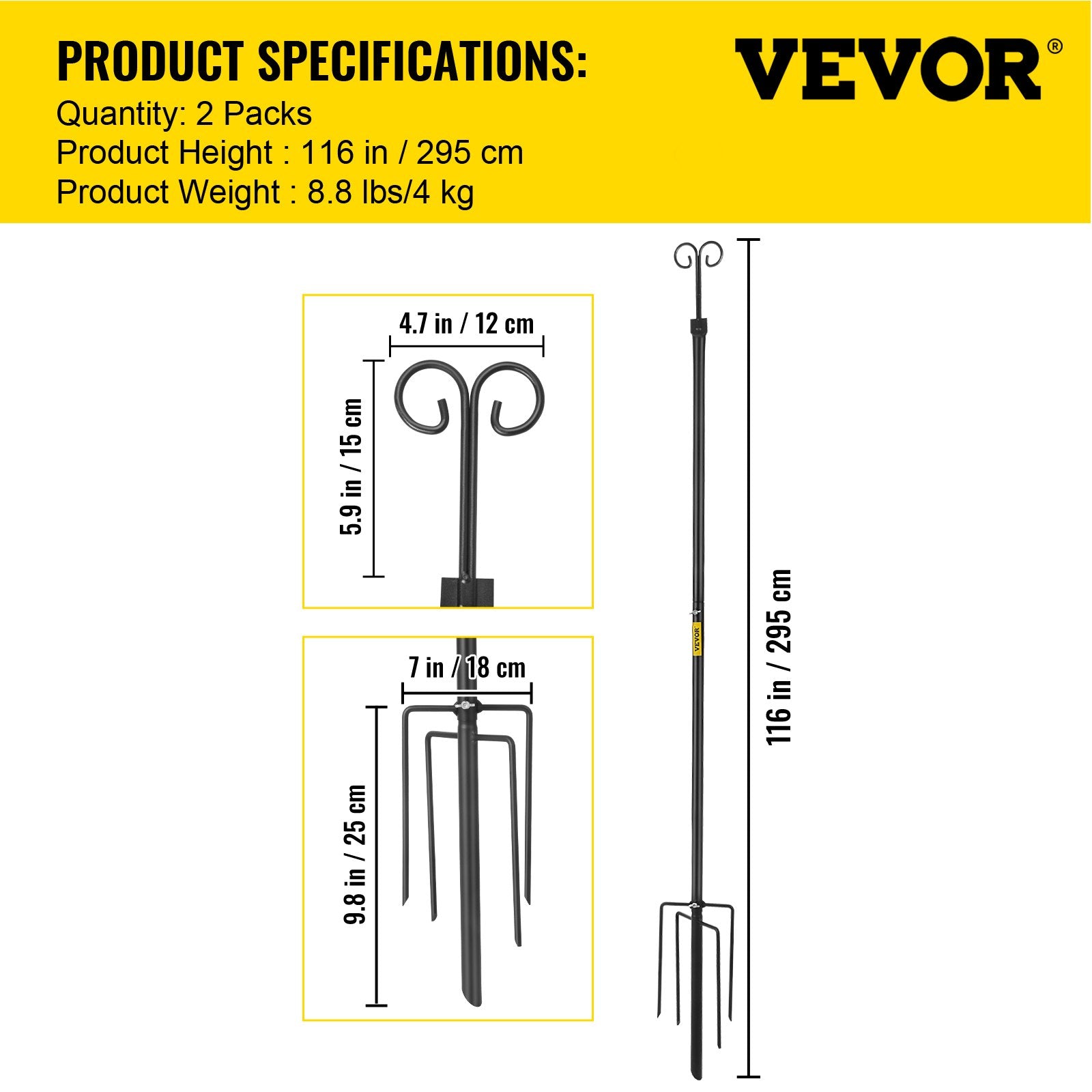 VEVOR String Light Poles, 2 Pack 9.7 FT, Outdoor Powder Coated Steel Lamp Post with Hooks to Hang Lantern and Flags, Decorate Garden, Backyard, Patio, Deck, for Party and Wedding, Black 
