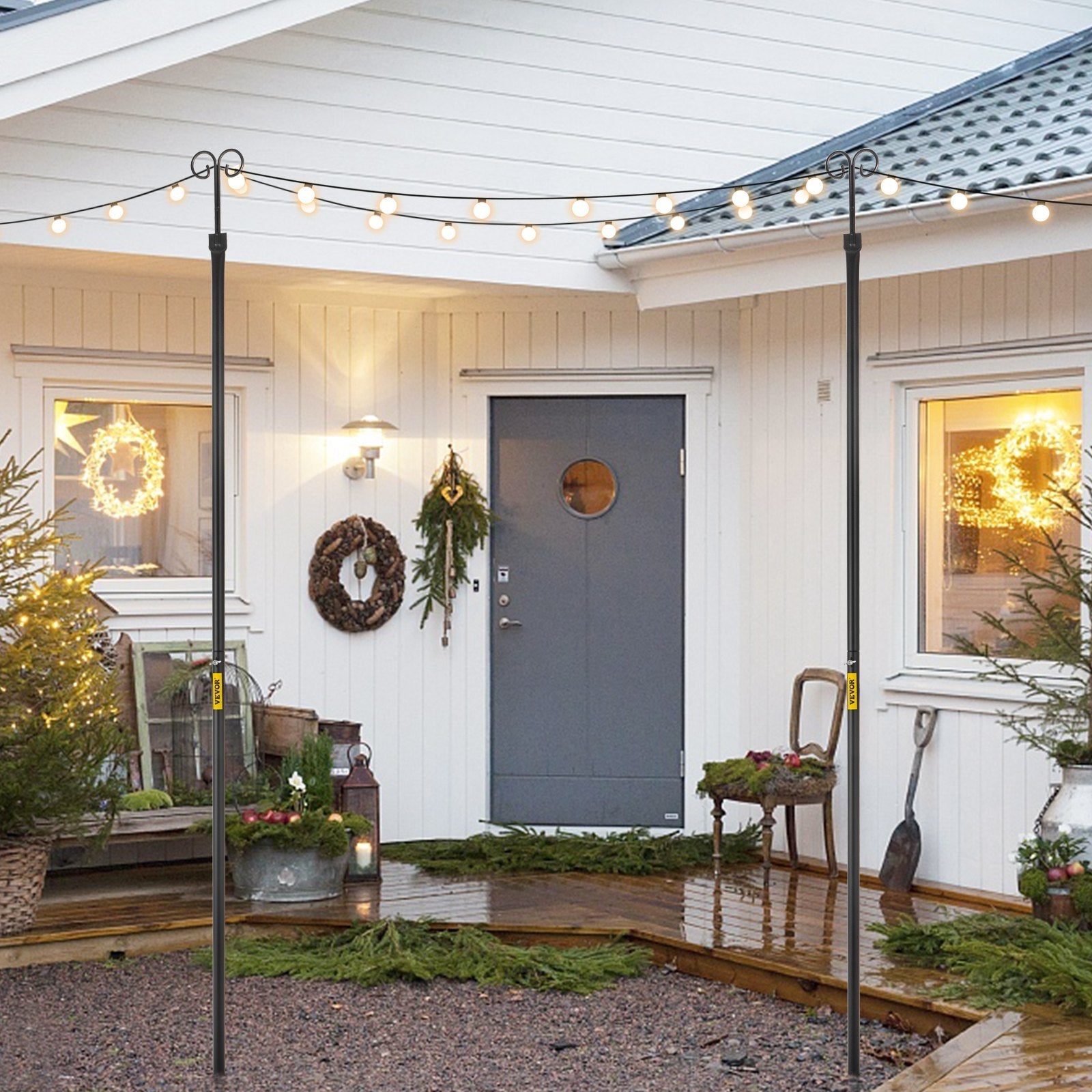 VEVOR String Light Poles, 2 Pack 9.7 FT, Outdoor Powder Coated Steel Lamp Post with Hooks to Hang Lantern and Flags, Decorate Garden, Backyard, Patio, Deck, for Party and Wedding, Black 