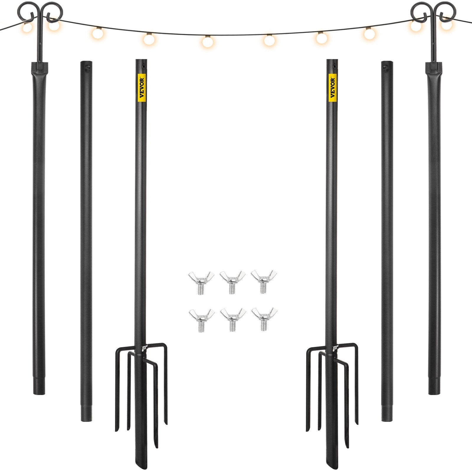 VEVOR String Light Poles, 2 Pack 9.7 FT, Outdoor Powder Coated Steel Lamp Post with Hooks to Hang Lantern and Flags, Decorate Garden, Backyard, Patio, Deck, for Party and Wedding, Black 