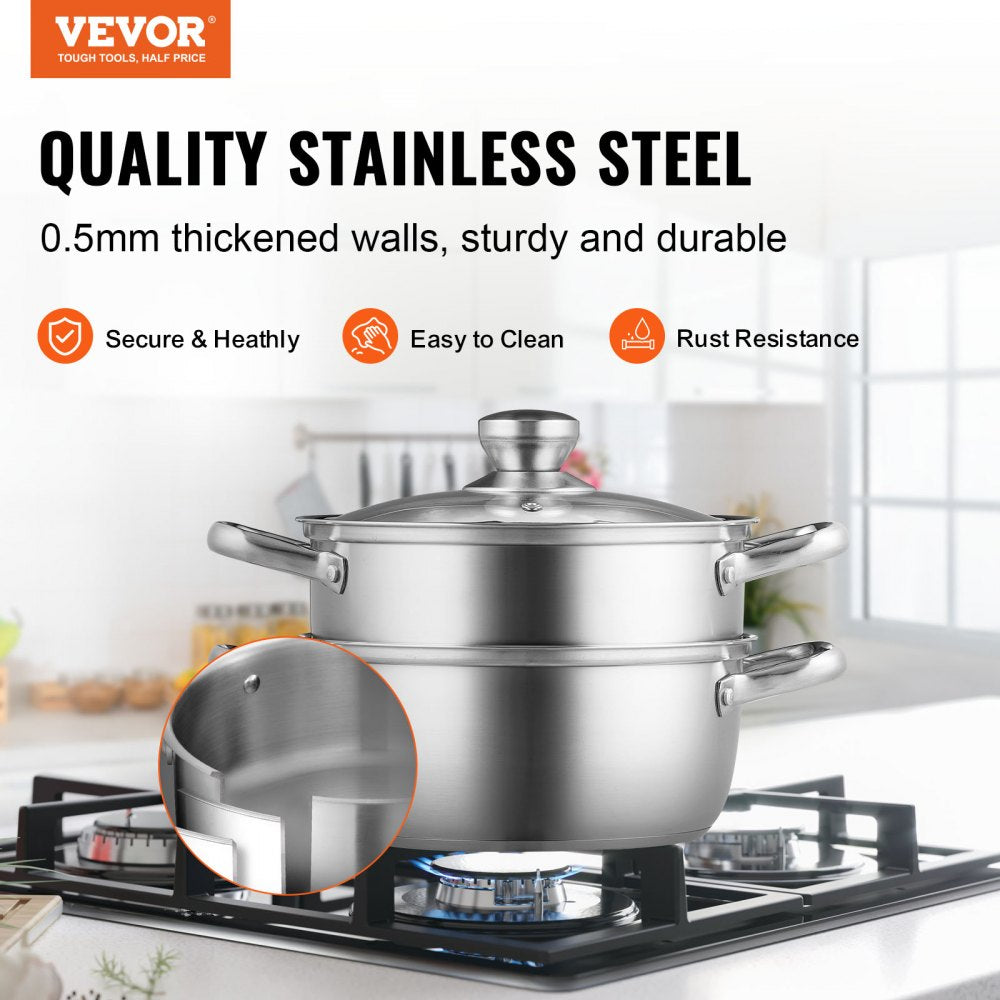 VEVOR Steamer Pot, 8.66in/22cm Steamer Pot for Cooking with 3QT Stock Pot and Vegetable Steamer, Large Capacity Stainless Steel Food Steamer Cookware with Lid for Gas Electric Induction Grill Stove 