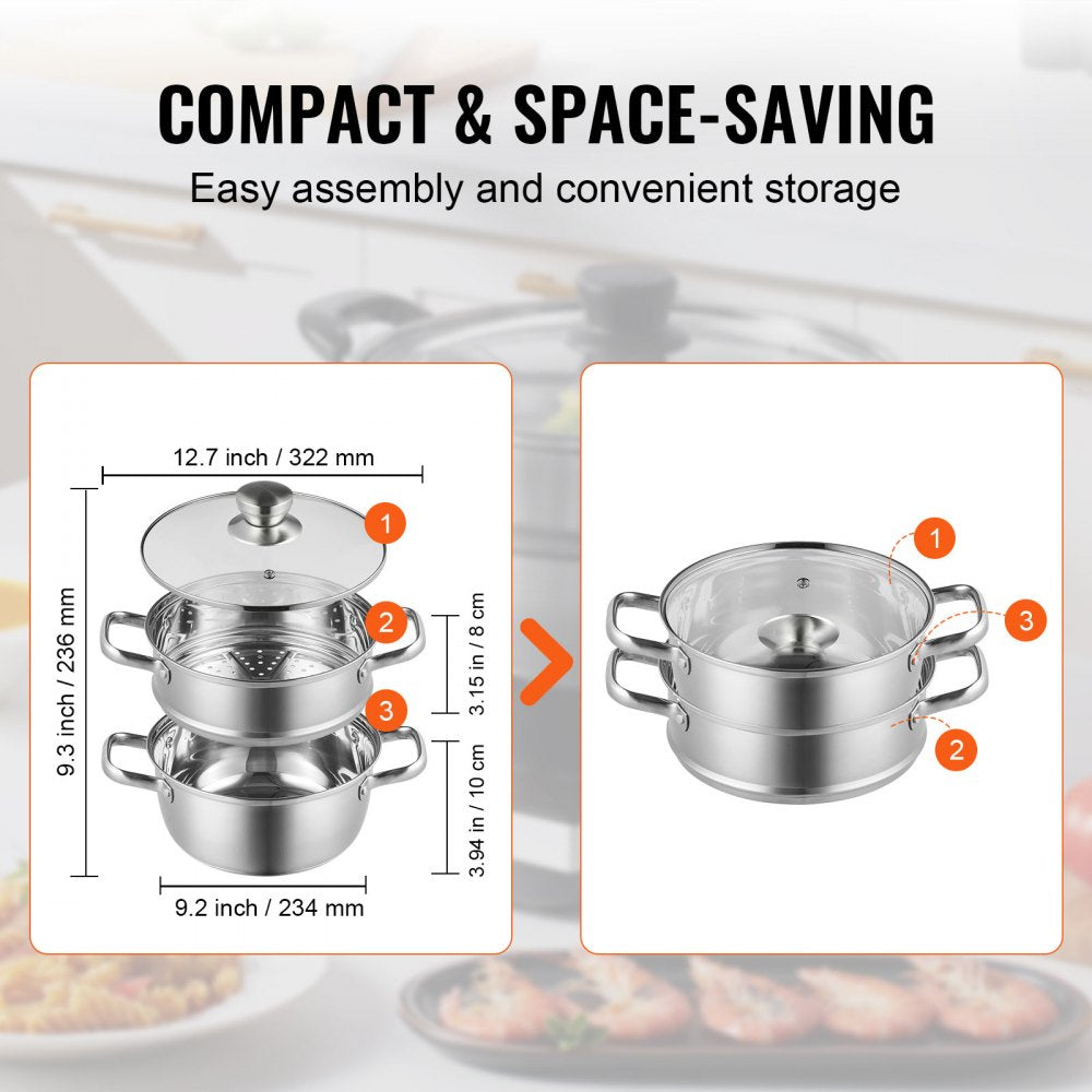 VEVOR Steamer Pot, 8.66in/22cm Steamer Pot for Cooking with 3QT Stock Pot and Vegetable Steamer, Large Capacity Stainless Steel Food Steamer Cookware with Lid for Gas Electric Induction Grill Stove 