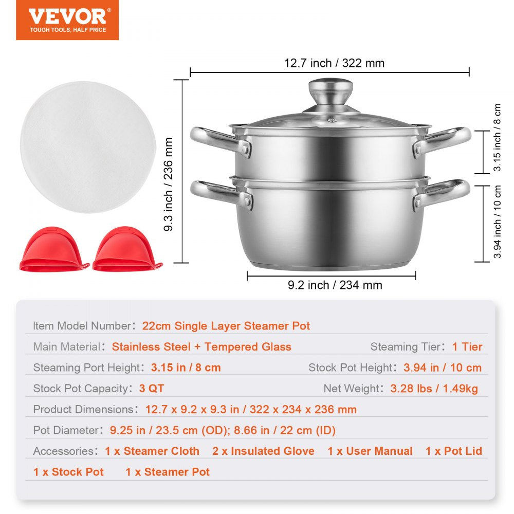 VEVOR Steamer Pot, 8.66in/22cm Steamer Pot for Cooking with 3QT Stock Pot and Vegetable Steamer, Large Capacity Stainless Steel Food Steamer Cookware with Lid for Gas Electric Induction Grill Stove 
