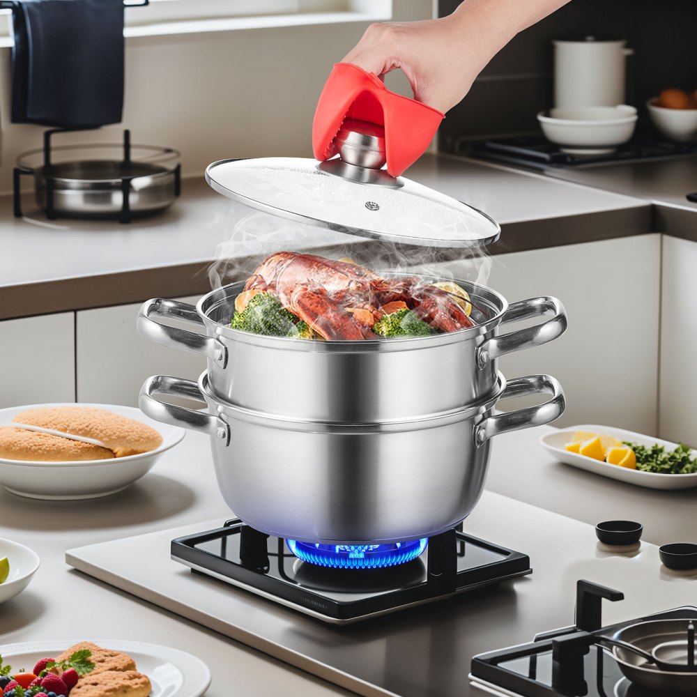 VEVOR Steamer Pot, 8.66in/22cm Steamer Pot for Cooking with 3QT Stock Pot and Vegetable Steamer, Large Capacity Stainless Steel Food Steamer Cookware with Lid for Gas Electric Induction Grill Stove 