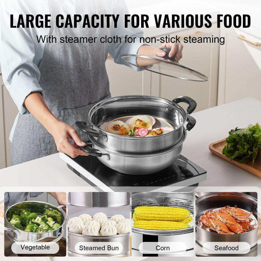 VEVOR Steamer Pot, 11in/28cm Steamer Pot for Cooking with 3QT Stock Pot and Vegetable Steamer, Food-Grade 304 Stainless Steel Food Steamer Cookware with Lid for Gas Electric Induction Grill Stove 