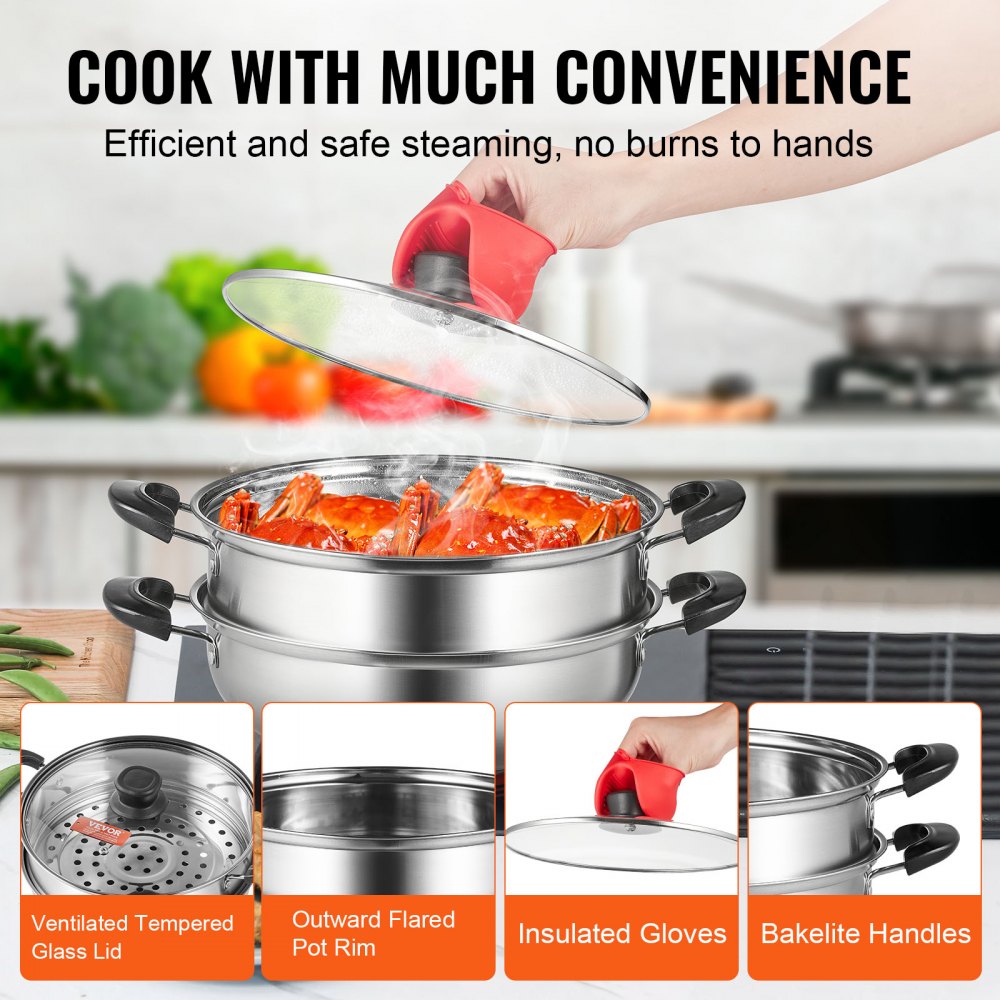 VEVOR Steamer Pot, 11in/28cm Steamer Pot for Cooking with 3QT Stock Pot and Vegetable Steamer, Food-Grade 304 Stainless Steel Food Steamer Cookware with Lid for Gas Electric Induction Grill Stove 