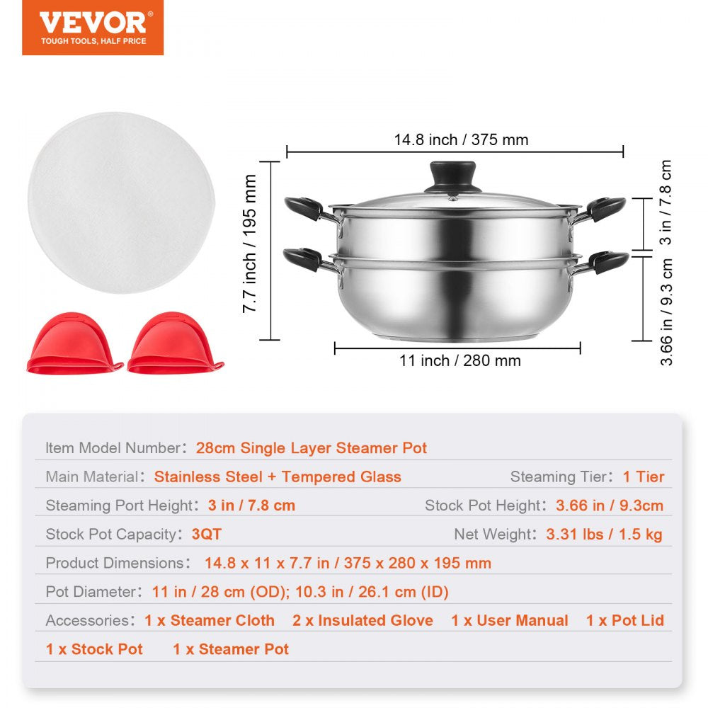 VEVOR Steamer Pot, 11in/28cm Steamer Pot for Cooking with 3QT Stock Pot and Vegetable Steamer, Food-Grade 304 Stainless Steel Food Steamer Cookware with Lid for Gas Electric Induction Grill Stove 