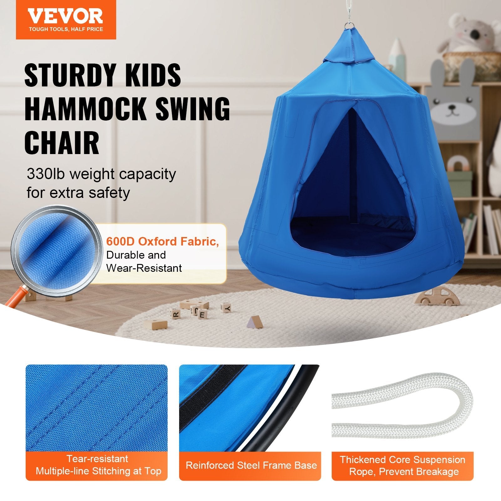 VEVOR Hanging Tree Tent, 330 LBS Capacity Hanging Tent Swing for Indoor and Outdoor Hammock Sensory Swing Chair w/LED Lights String, Inflatable Base, Ceiling Swing Pod Play Tent for Kids & Adults 