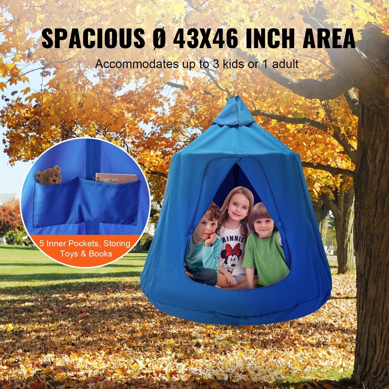 VEVOR Hanging Tree Tent, 330 LBS Capacity Hanging Tent Swing for Indoor and Outdoor Hammock Sensory Swing Chair w/LED Lights String, Inflatable Base, Ceiling Swing Pod Play Tent for Kids & Adults 
