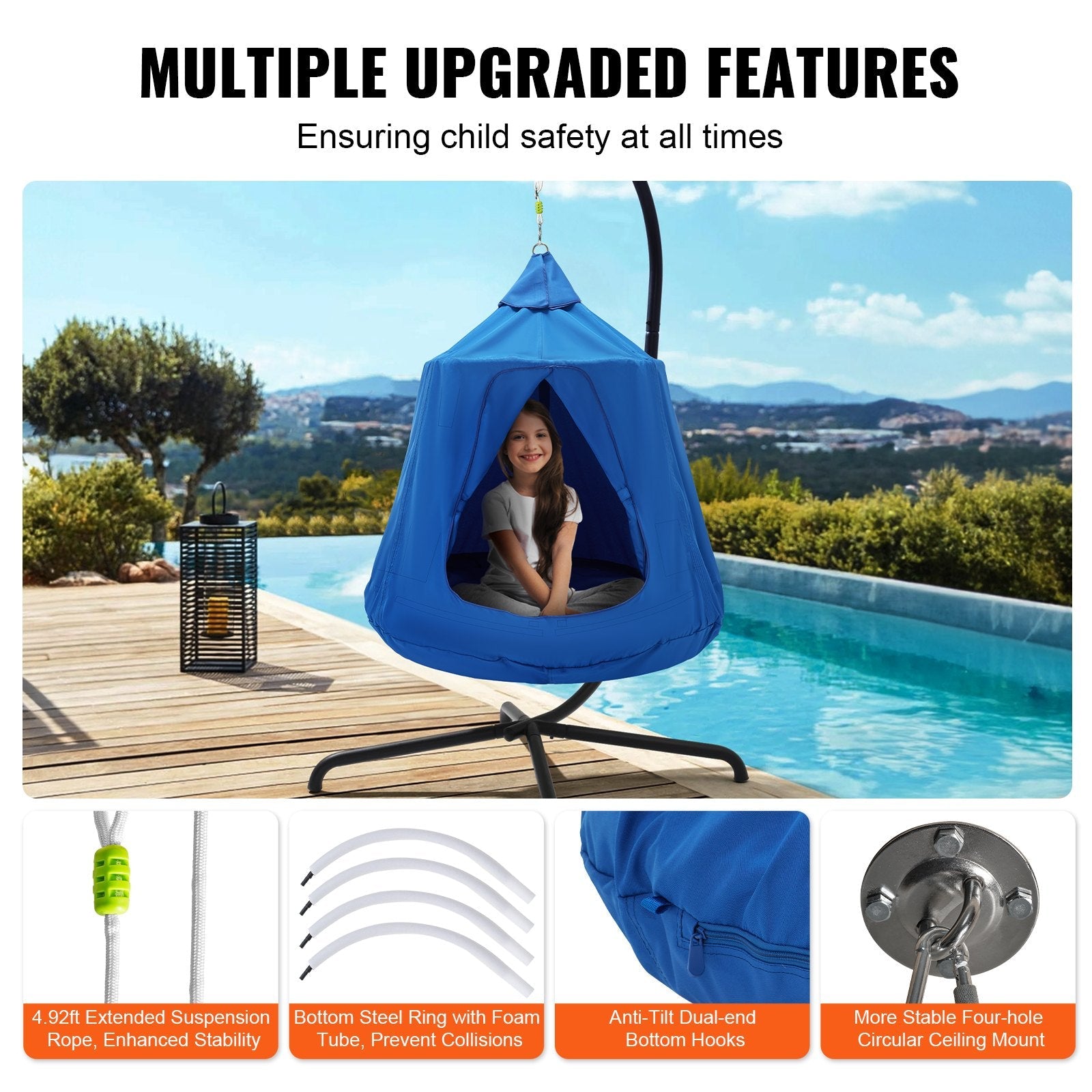 VEVOR Hanging Tree Tent, 330 LBS Capacity Hanging Tent Swing for Indoor and Outdoor Hammock Sensory Swing Chair w/LED Lights String, Inflatable Base, Ceiling Swing Pod Play Tent for Kids & Adults 