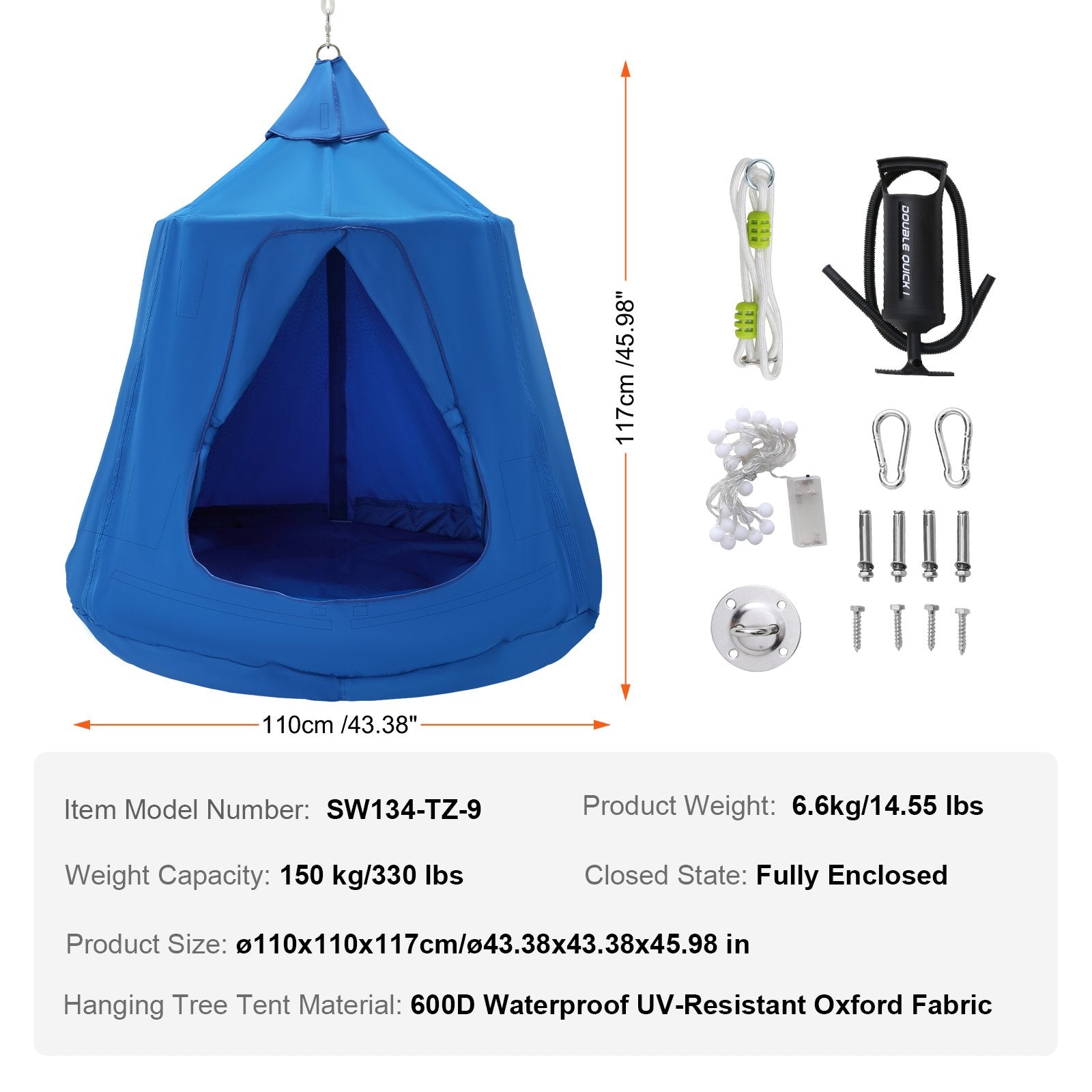 VEVOR Hanging Tree Tent, 330 LBS Capacity Hanging Tent Swing for Indoor and Outdoor Hammock Sensory Swing Chair w/LED Lights String, Inflatable Base, Ceiling Swing Pod Play Tent for Kids & Adults 