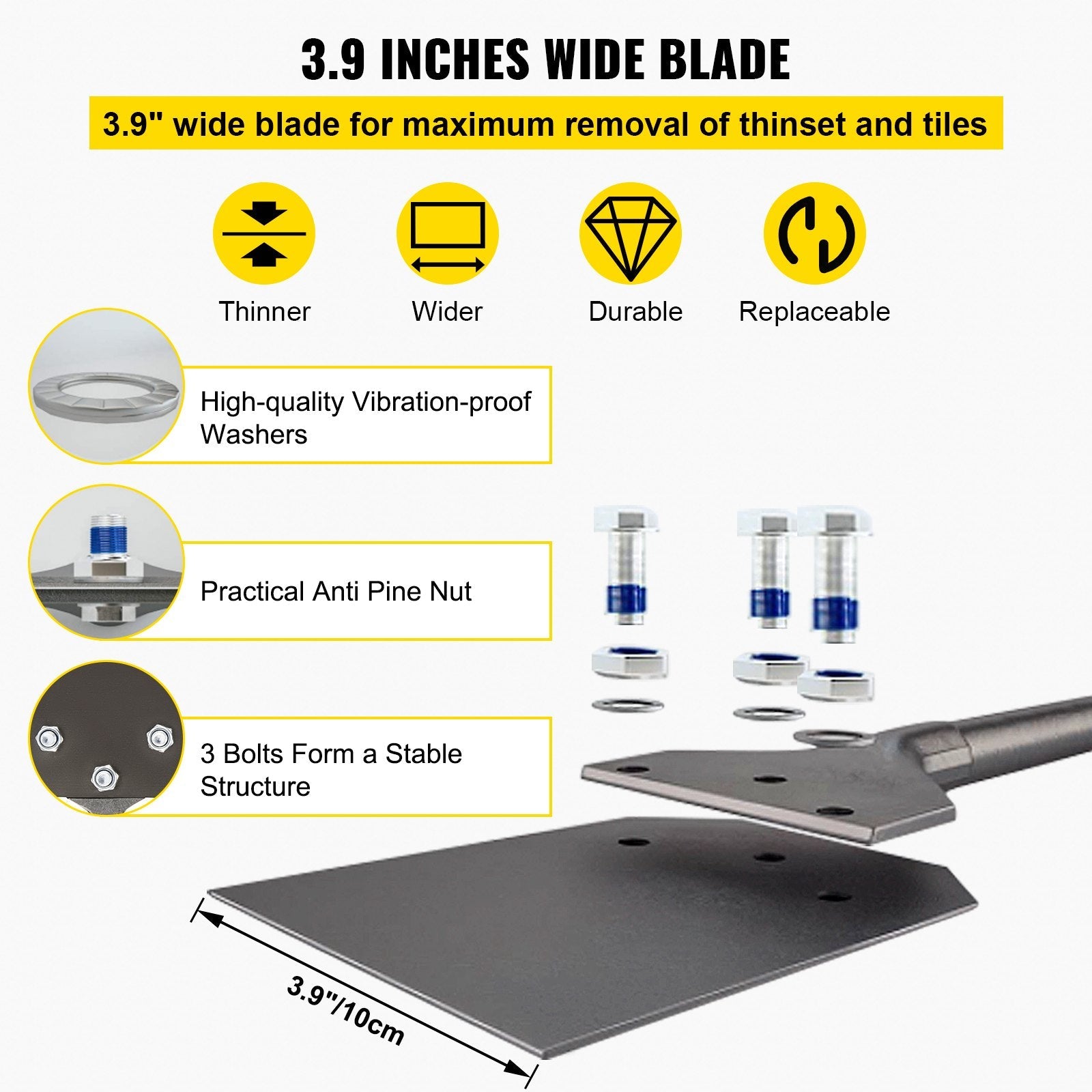 VEVOR SDS Plus Floor Scraper, 3.9" Wide Blade, 40Cr Steel 9.5" Long Handle Thinset Removal Bit with Point Chisel, Fits SDS-Plus Rotary & Chipping Hammer, for Removing Tile Grout, Adhesive Wallpaper 
