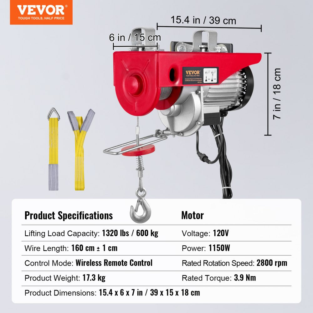 VEVOR Electric Hoist, 1320 lbs Lifting Capacity, 1150W 110V Electric Steel Wire Winch with Wireless Remote Control, 40ft Single Cable Lifting Height & Pure Copper Motor, for Garage Warehouse Factory 