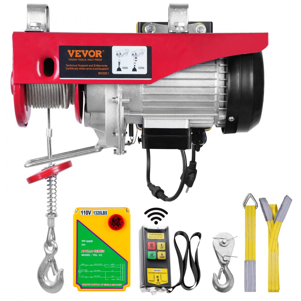 VEVOR Electric Hoist, 1320 lbs Lifting Capacity, 1150W 110V Electric Steel Wire Winch with Wireless Remote Control, 40ft Single Cable Lifting Height & Pure Copper Motor, for Garage Warehouse Factory 
