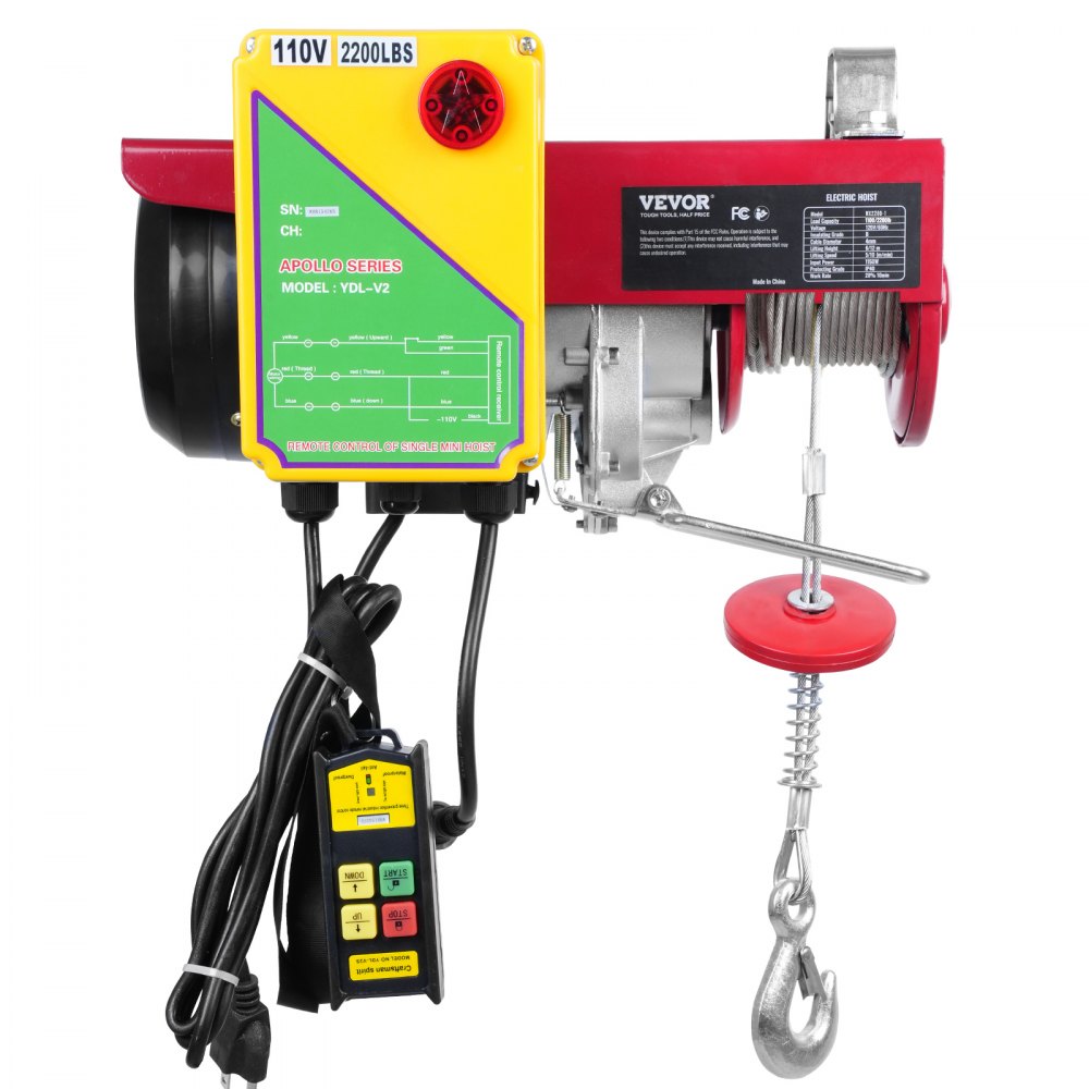 VEVOR Electric Hoist, 2200 lbs Lifting Capacity, 1600W 110V Electric Steel Wire Winch with Wireless Remote Control, 40ft Single Cable Lifting Height & Pure Copper Motor, for Garage Warehouse Factory 