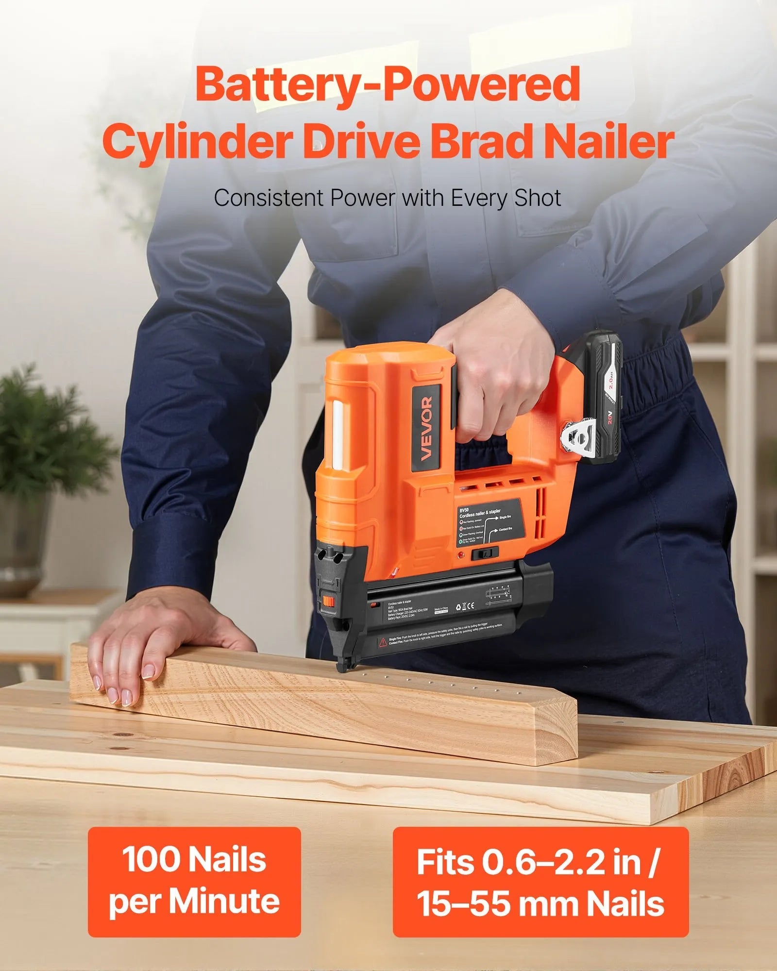 VEVOR Cordless Brad Nailer, 18 Gauge, 20V Battery Powered Nail Gun, with 500 pcs Nails, 2.0 Ah Li-ion Battery and Charger, Adjustable Nailing Depth, for Home Improvement, Woodworking, DIY Project 