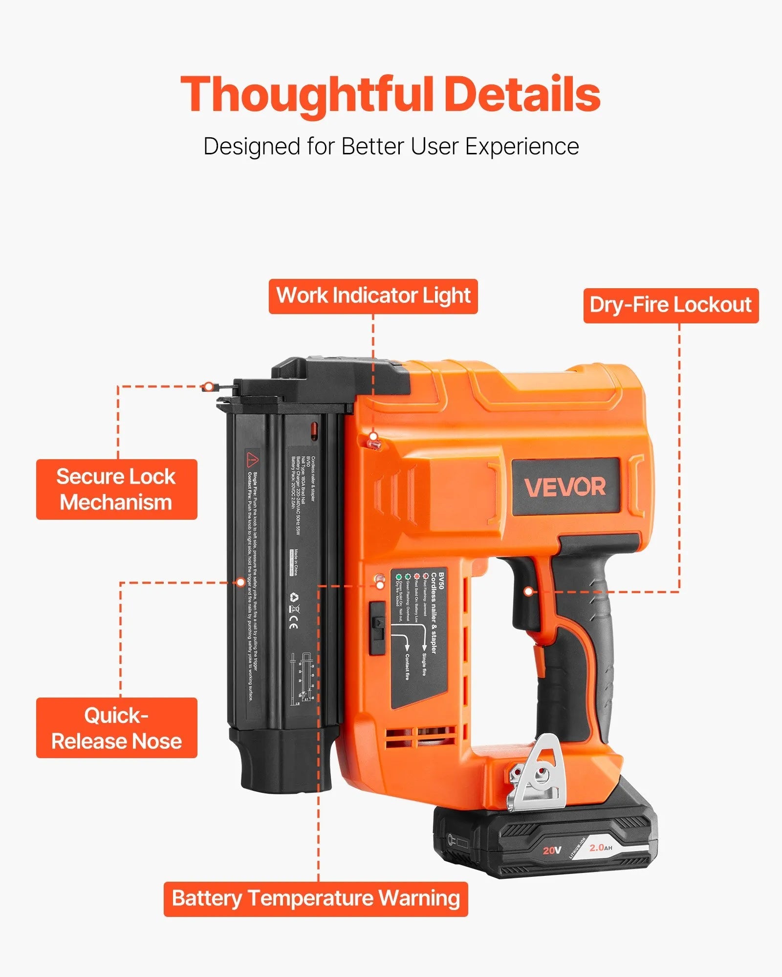 VEVOR Cordless Brad Nailer, 18 Gauge, 20V Battery Powered Nail Gun, with 500 pcs Nails, 2.0 Ah Li-ion Battery and Charger, Adjustable Nailing Depth, for Home Improvement, Woodworking, DIY Project 