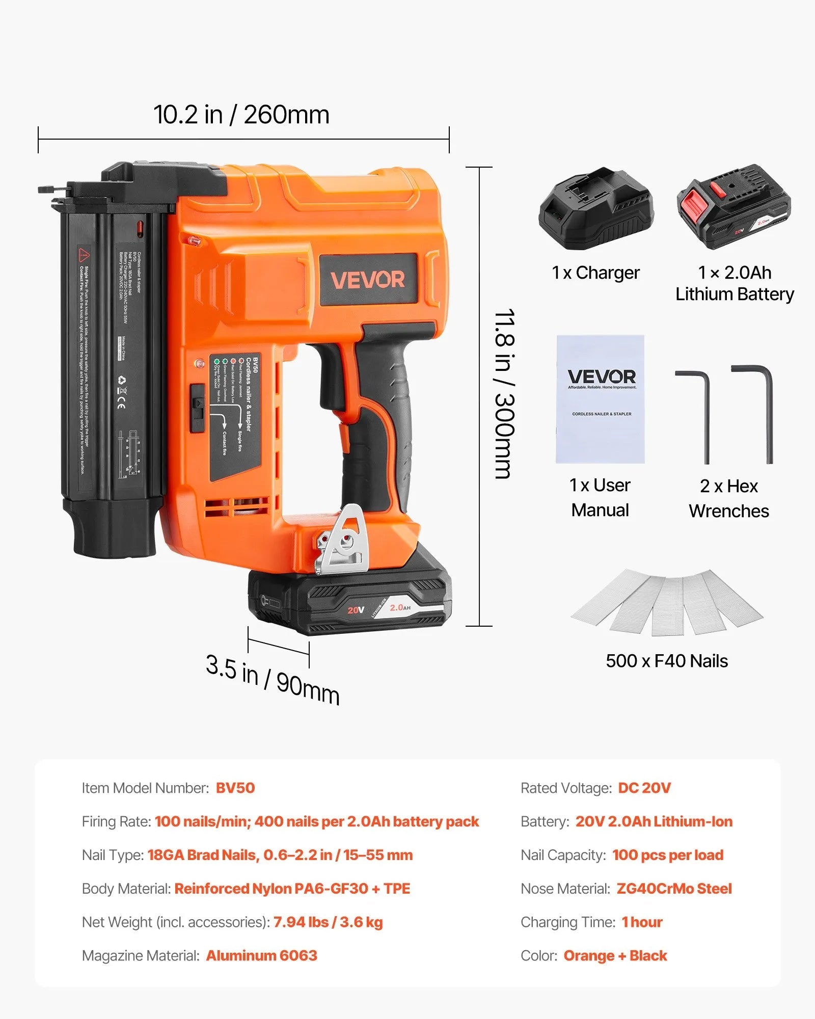 VEVOR Cordless Brad Nailer, 18 Gauge, 20V Battery Powered Nail Gun, with 500 pcs Nails, 2.0 Ah Li-ion Battery and Charger, Adjustable Nailing Depth, for Home Improvement, Woodworking, DIY Project 