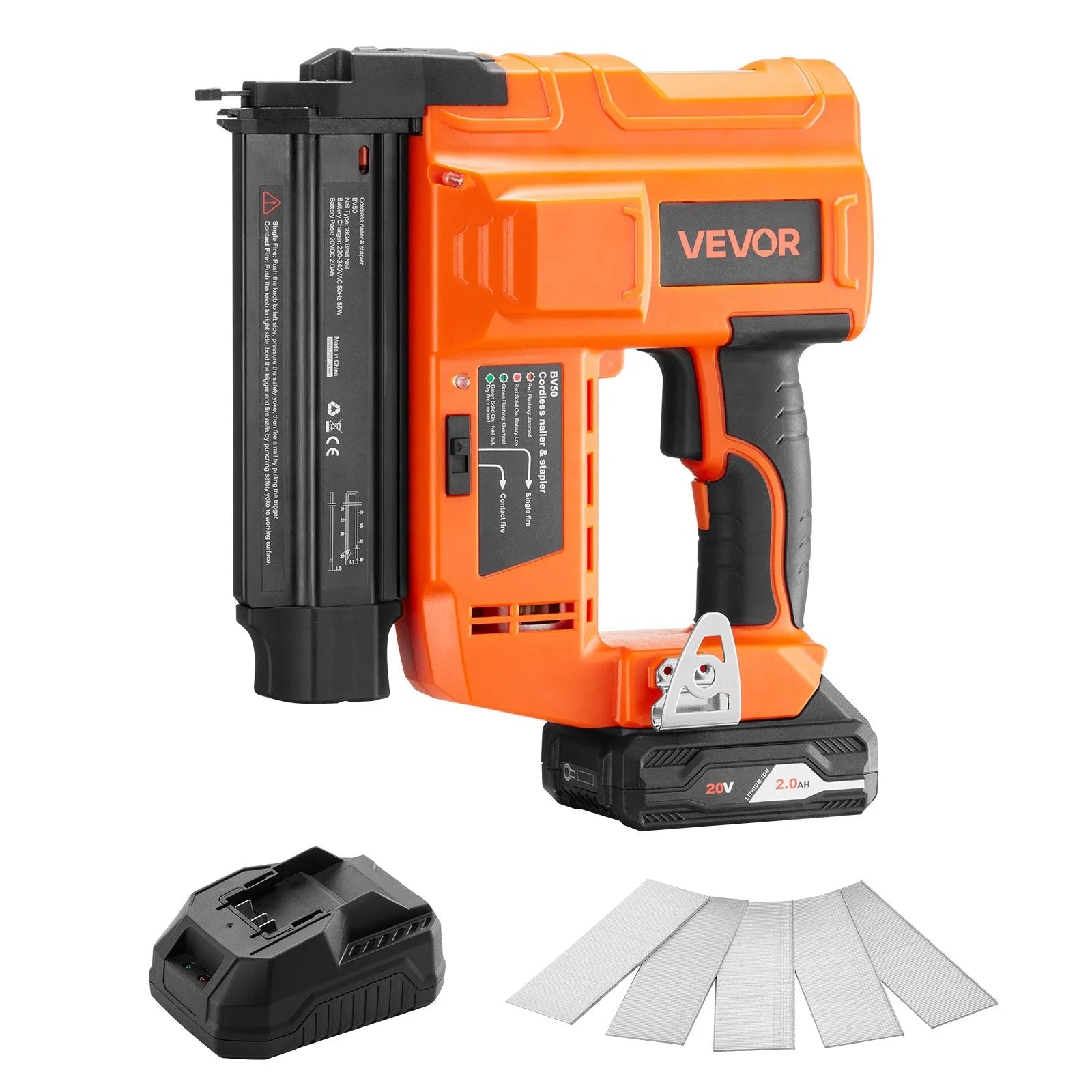 VEVOR Cordless Brad Nailer, 18 Gauge, 20V Battery Powered Nail Gun, with 500 pcs Nails, 2.0 Ah Li-ion Battery and Charger, Adjustable Nailing Depth, for Home Improvement, Woodworking, DIY Project 