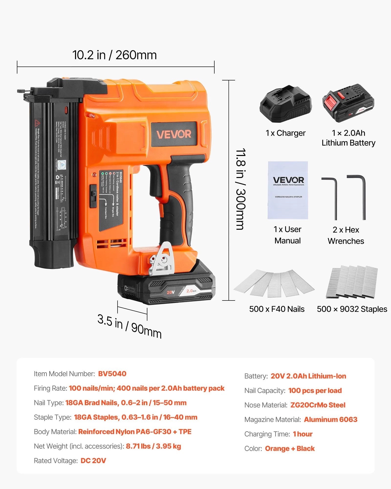 VEVOR 2-in-1 Cordless Brad Nailer, 18 Gauge, 20V Battery Powered Nail Gun and Staple Gun, with 500 pcs Nails, 500 pcs Staples, 2.0 Ah Li-ion Battery and Charger, for Home Improvement, Woodworking 