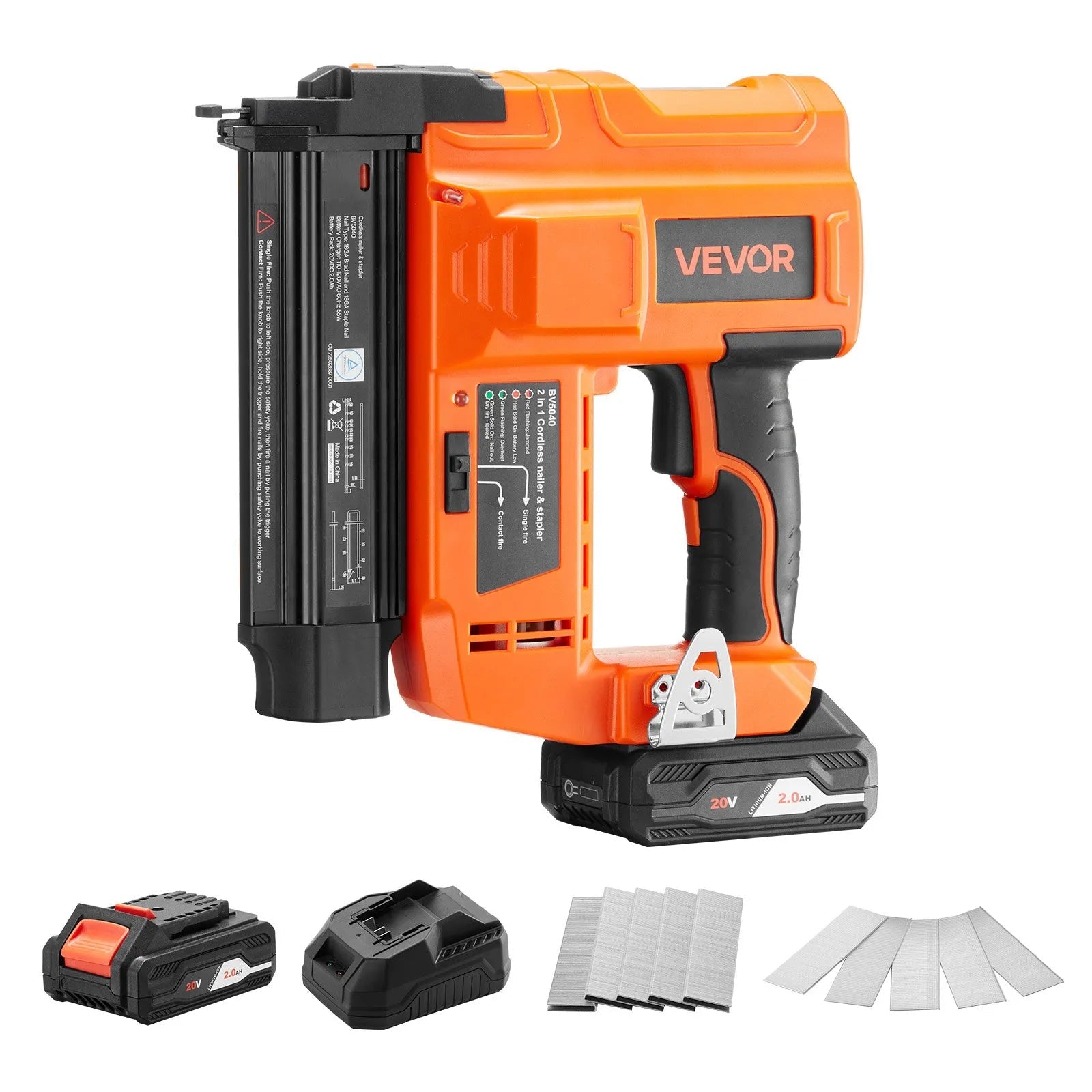 VEVOR 2-in-1 Cordless Brad Nailer, 18 Gauge, 20V Battery Powered Nail Gun and Staple Gun, with 500 pcs Nails, 500 pcs Staples, 2.0 Ah Li-ion Battery and Charger, for Home Improvement, Woodworking 