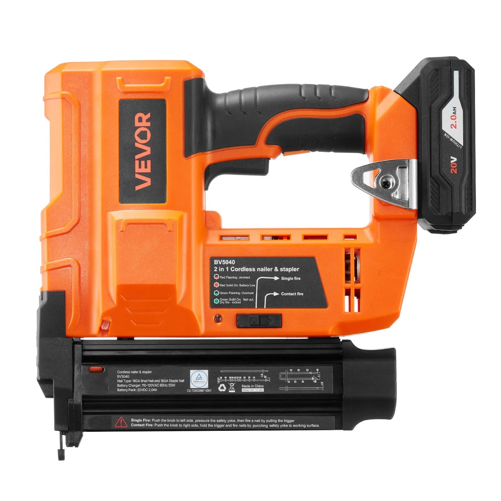 VEVOR 2-in-1 Cordless Brad Nailer, 18 Gauge, 20V Battery Powered Nail Gun and Staple Gun, with 500 pcs Nails, 500 pcs Staples, 2.0 Ah Li-ion Battery and Charger, for Home Improvement, Woodworking 
