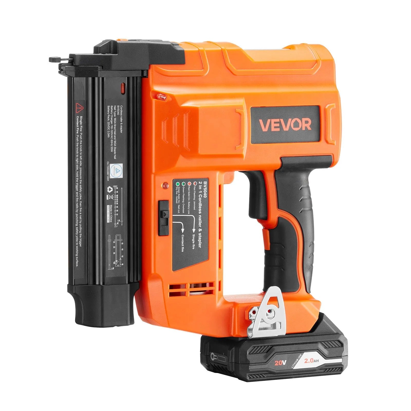 VEVOR 2-in-1 Cordless Brad Nailer, 18 Gauge, 20V Battery Powered Nail Gun and Staple Gun, with 500 pcs Nails, 500 pcs Staples, 2.0 Ah Li-ion Battery and Charger, for Home Improvement, Woodworking 