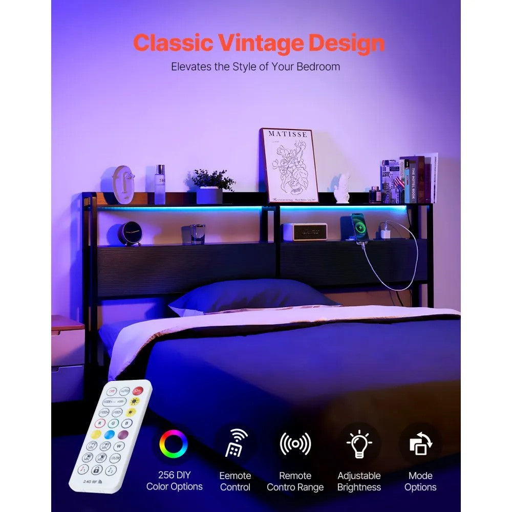 Headboard for King Size Bed Head Board with 2 Shelves & LED Light Black 