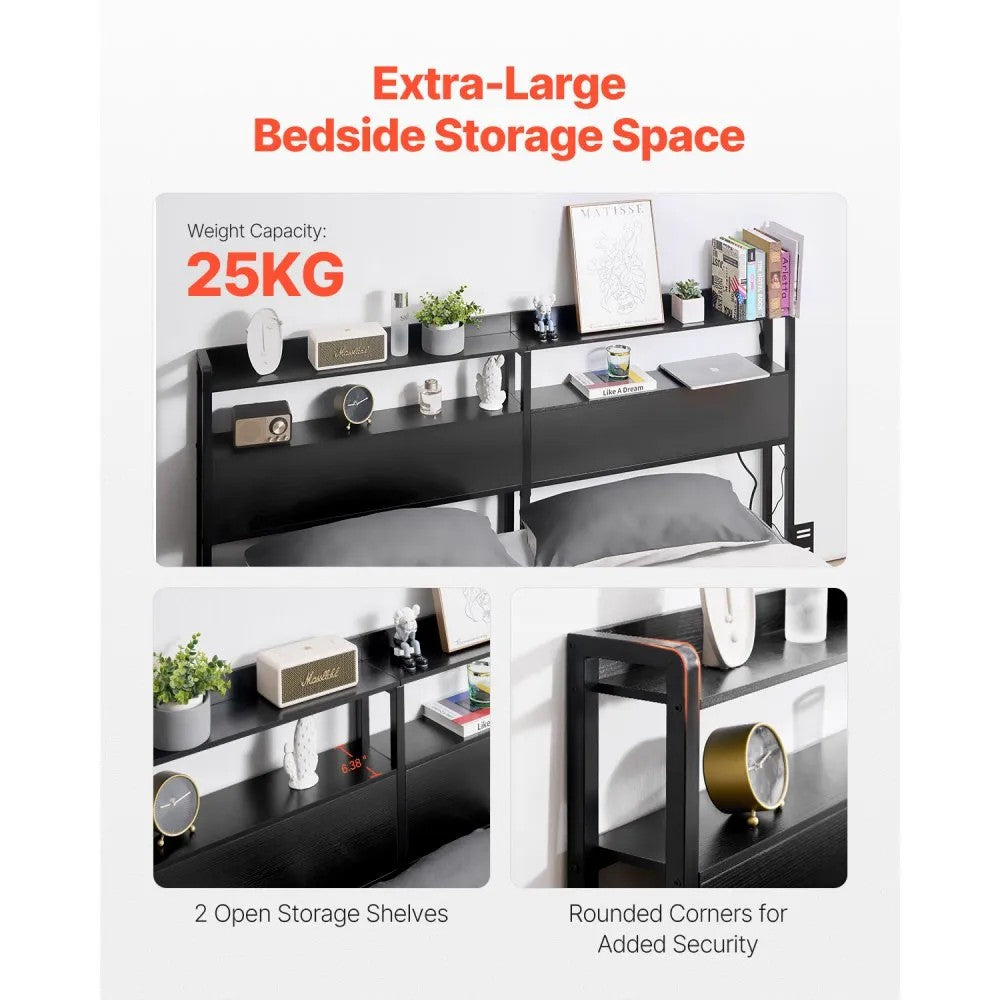 Headboard for King Size Bed Head Board with 2 Shelves & LED Light Black 