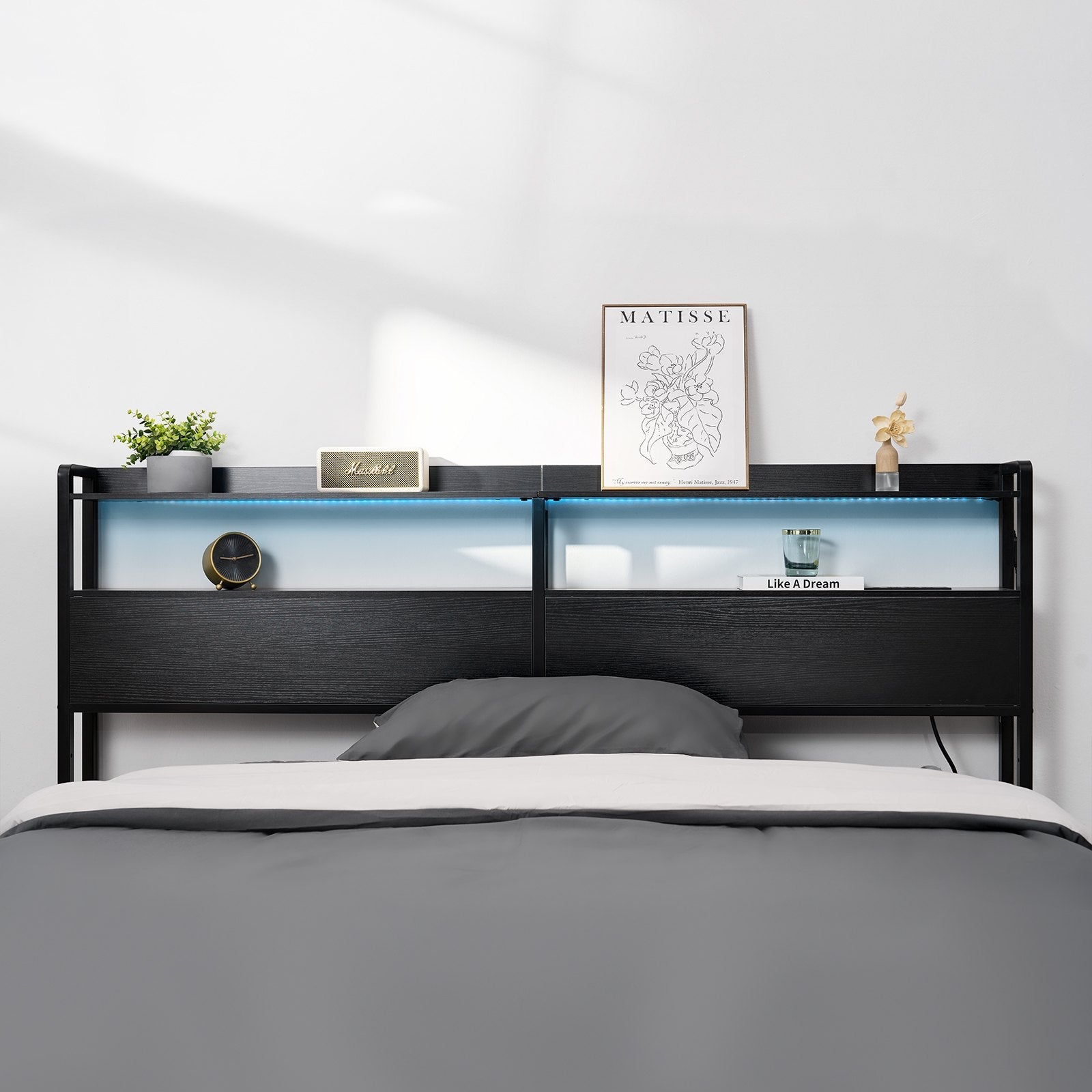 Headboard for King Size Bed Head Board with 2 Shelves & LED Light Black 