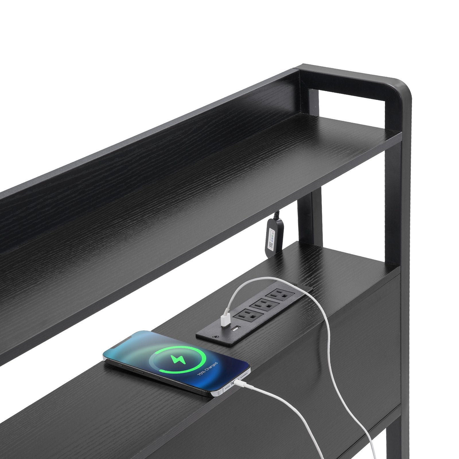 Headboard for King Size Bed Head Board with 2 Shelves & LED Light Black 