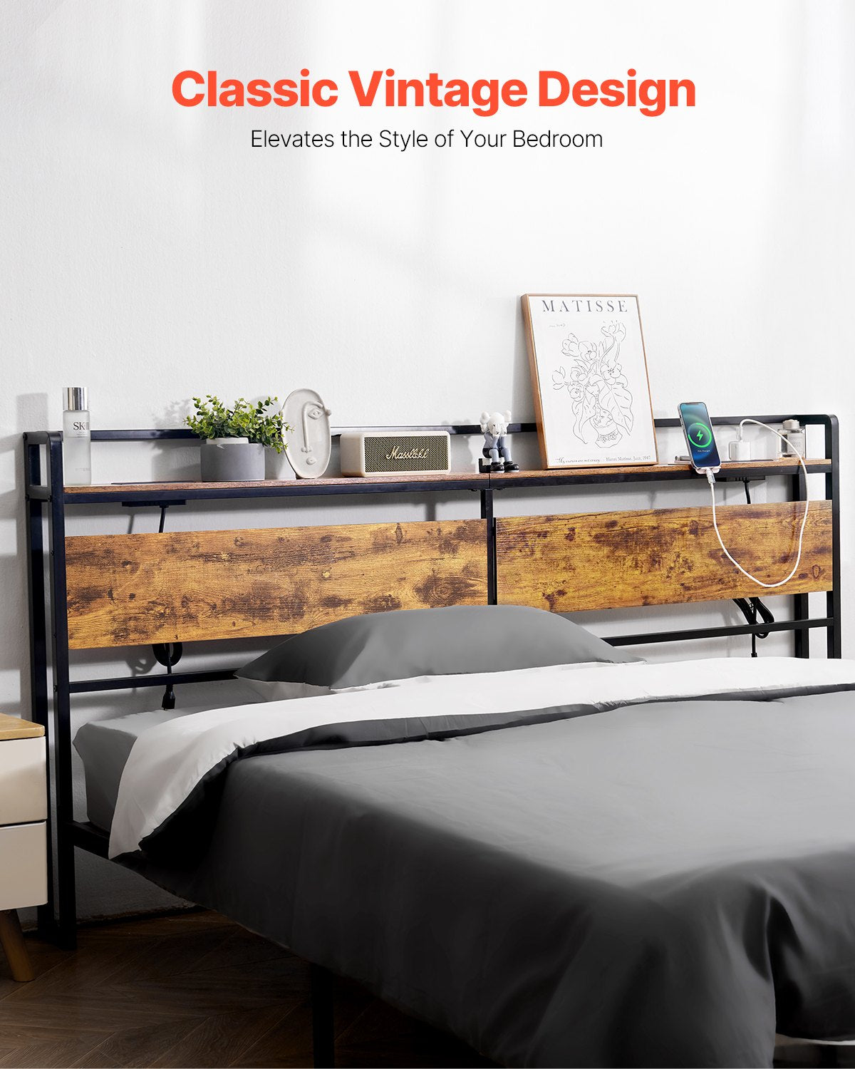 VEVOR Headboard for King Size Bed Head Board with Shelf and Charging Station 