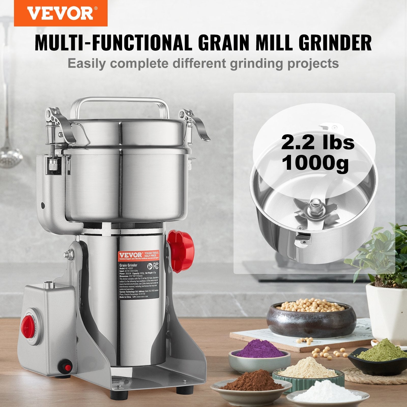 VEVOR 1000g Commercial Spice Grinder Electric Grain Mill Grinder High Speed 