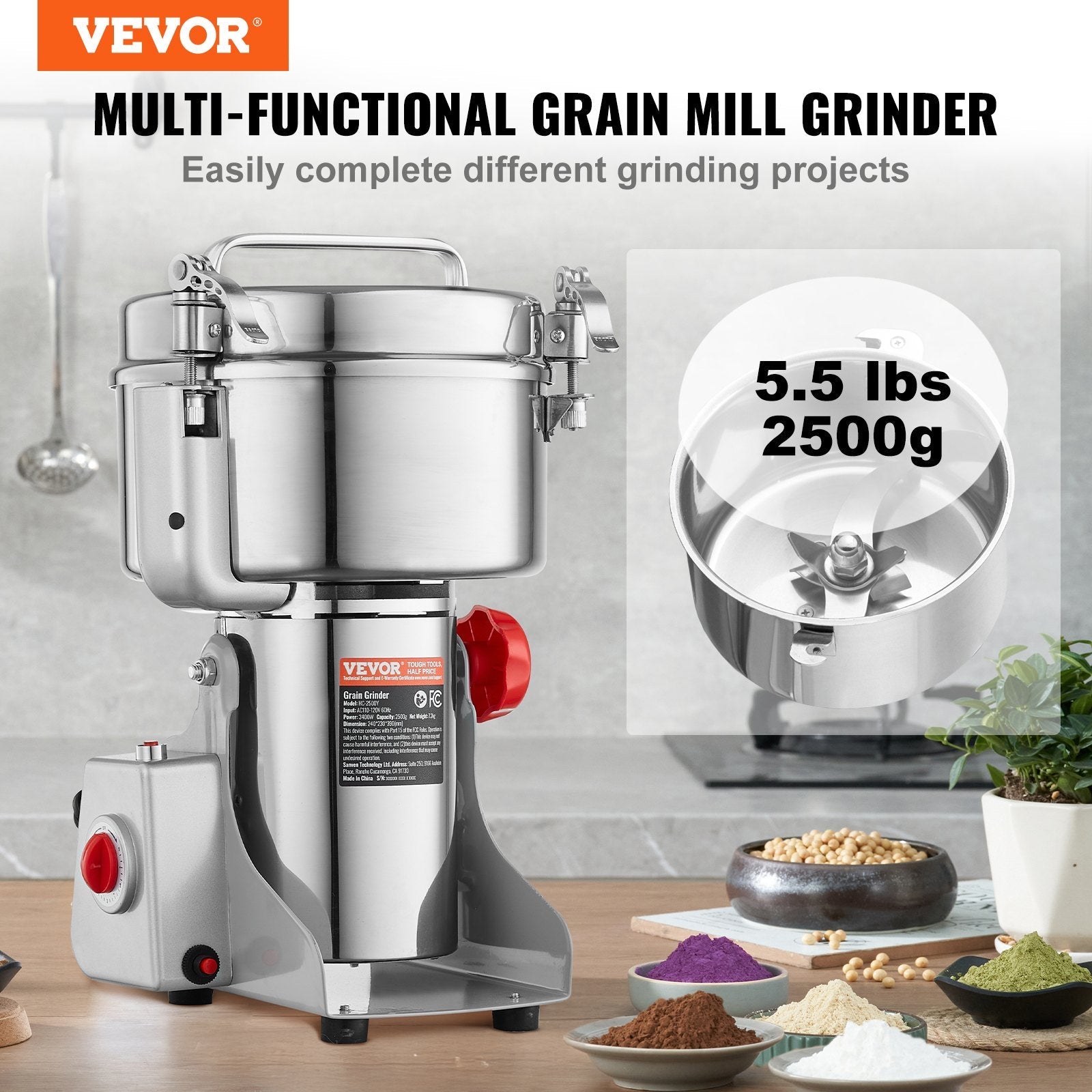 VEVOR 2500g Commercial Spice Grinder Electric Grain Mill Grinder High Speed 