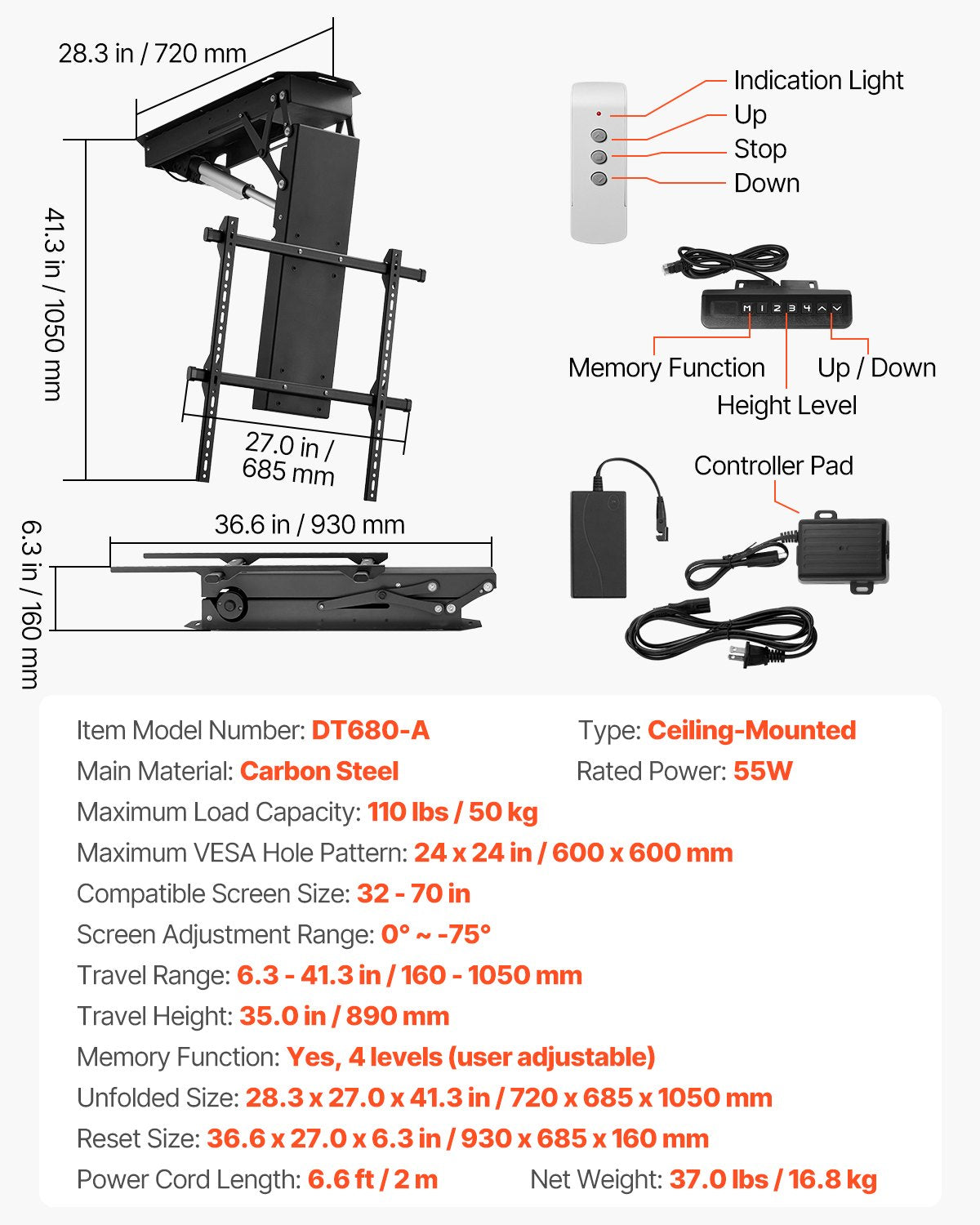VEVOR Motorized Ceiling TV Mount Electric Flip Down TV Mount for 32-70 in Screen 