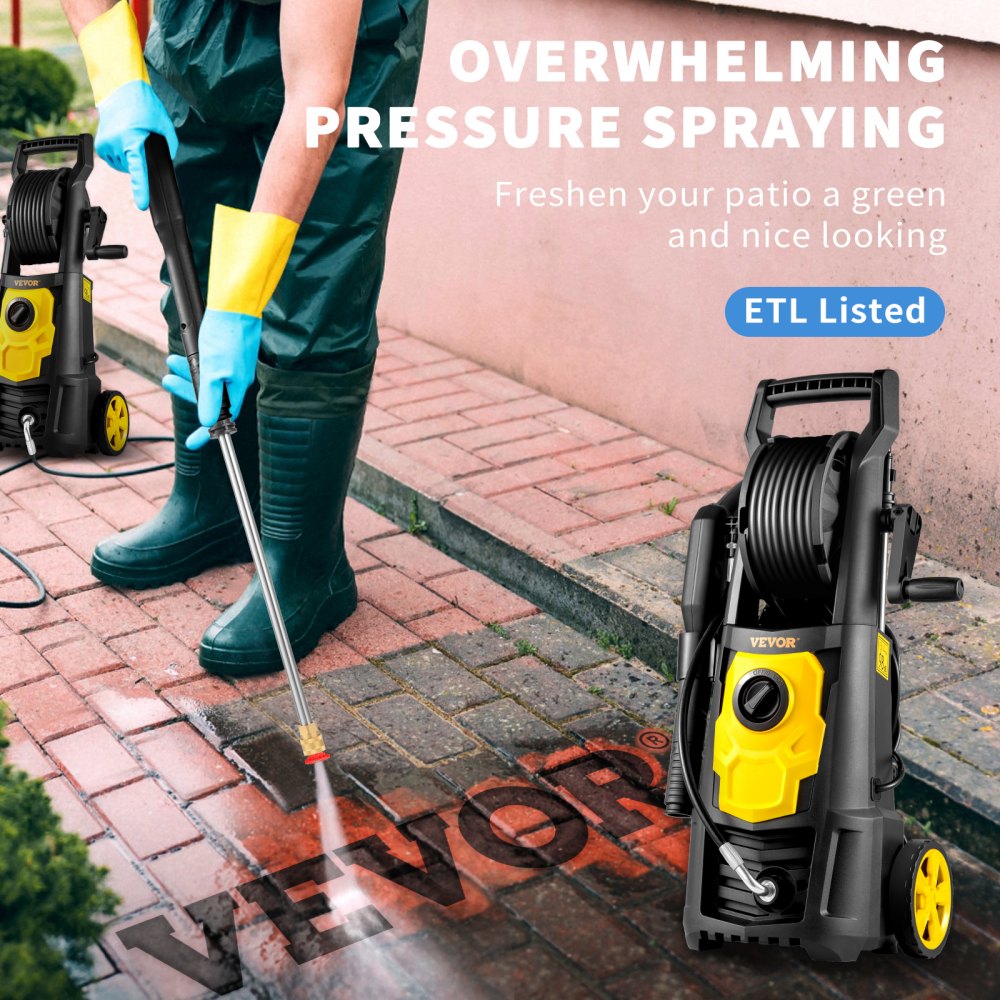 VEVOR Electric Pressure Washer, 2000 PSI, Max 1.65 GPM Power Washer w/ 30 ft Hose & Reel, 5 Quick Connect Nozzles, Foam Cannon, Portable to Clean Patios, Cars, Fences, Driveways, ETL Listed 