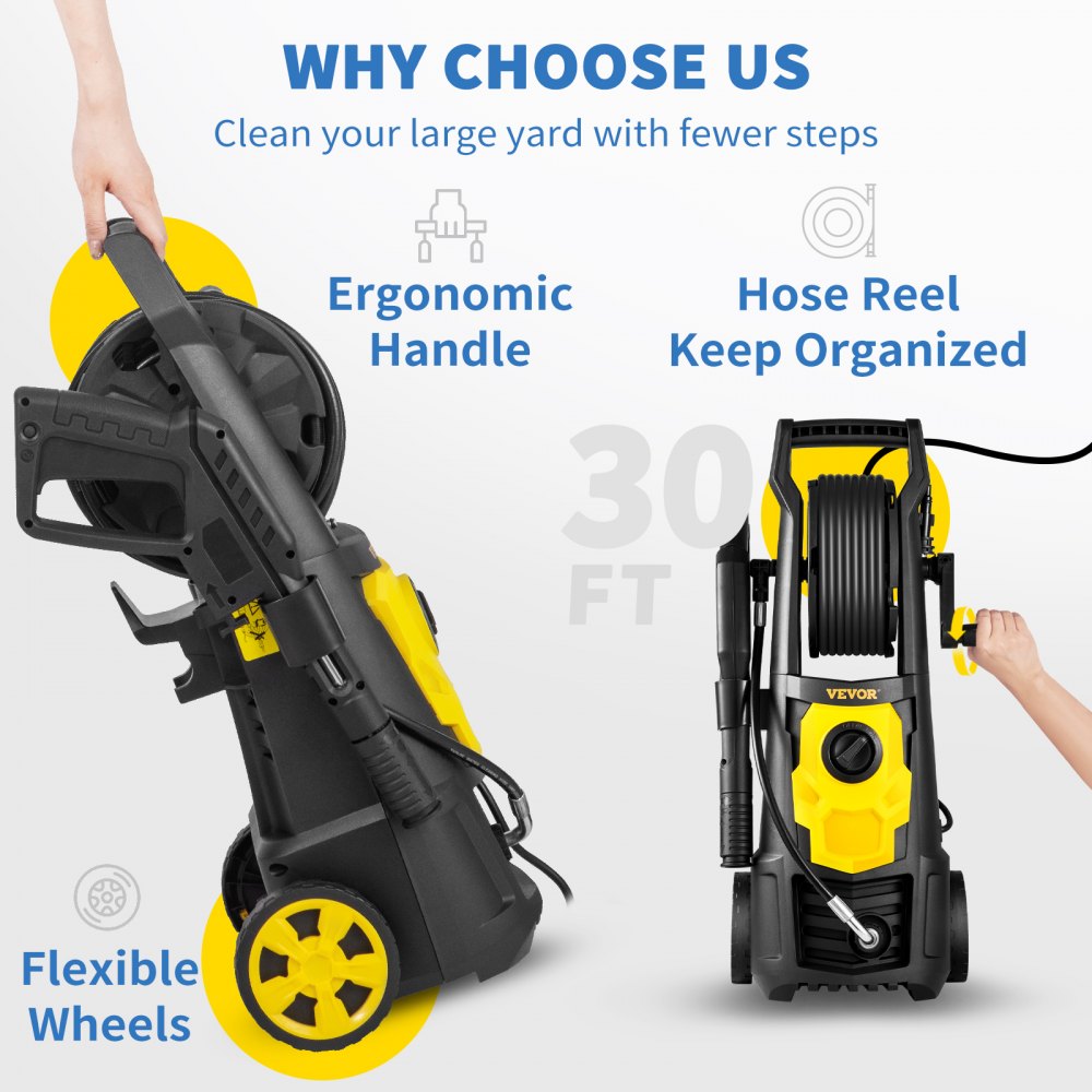 VEVOR Electric Pressure Washer, 2000 PSI, Max 1.65 GPM Power Washer w/ 30 ft Hose & Reel, 5 Quick Connect Nozzles, Foam Cannon, Portable to Clean Patios, Cars, Fences, Driveways, ETL Listed 